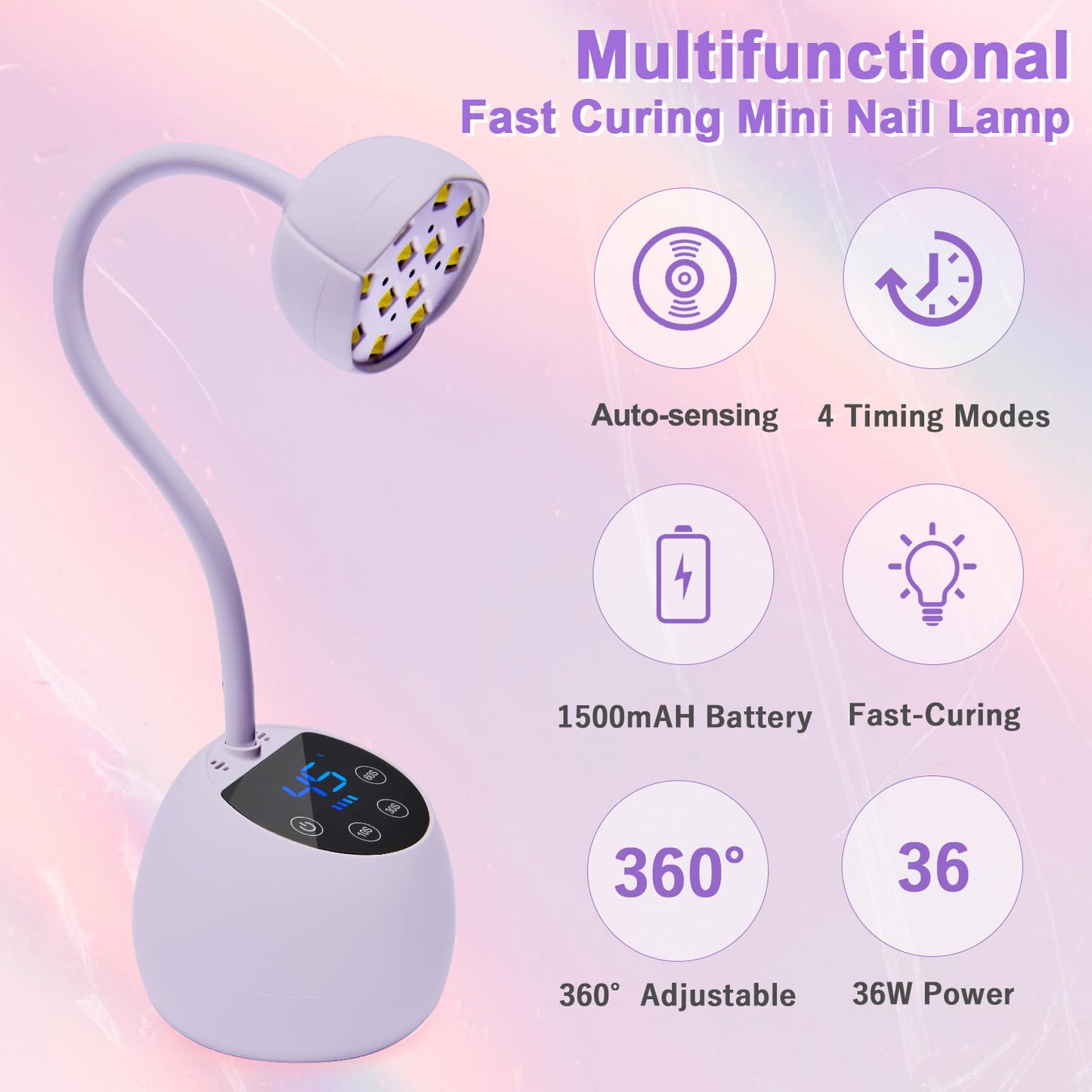 CGBE UV Nail Lamp, Cordless Gooseneck Gel x Lamp, 36W Mini Flash Cure Light, Portable USB LED Nail Light with 4 Timers & Auto Sensor for Salon Home DIY Use, Purple