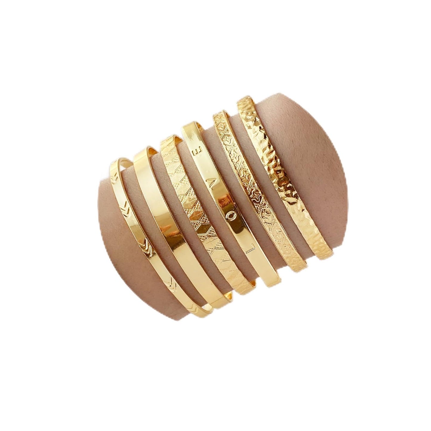 IFKM Gold Bangle Bracelets For Women, 14k Gold Plated Multi Layer Stackable Cuff Bracelet Set, Trendy Elegance Charms Non Tarnish Minimalist Textured Boho Jewelry Gift (6pcs Love)