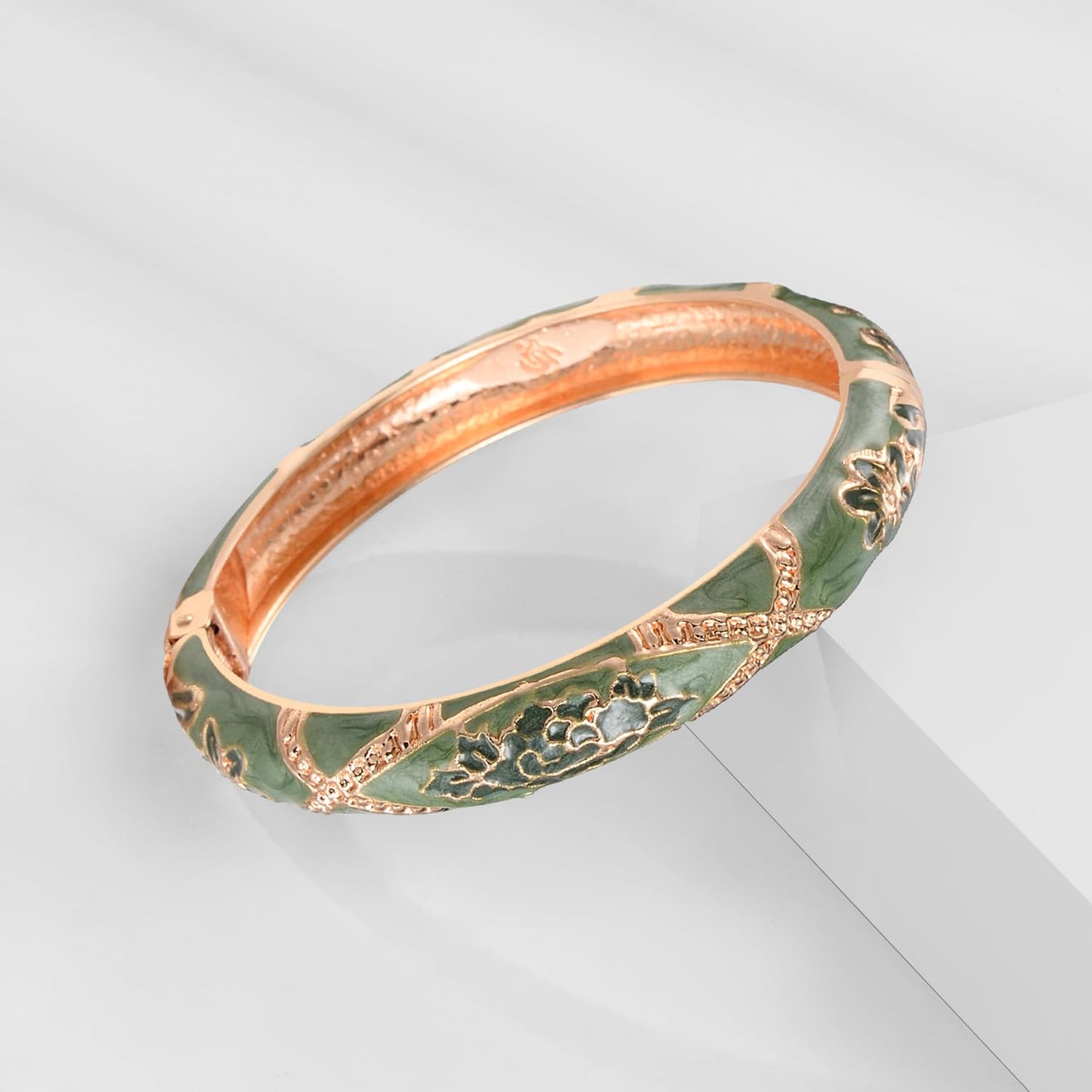 UJOY Womens Multi-Colors Cloisonne Bracelet Gold Plated Flower Enameled Hinged Cuff Bangles Jewelry Gift 55A-3PCS Green