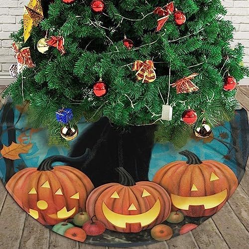 Black Cats Pumpkins Leaves Christmas Tree Skirts 30", Xmas Tree Cloth Mats Trees Skirts for Indoor Decor Gift, Home Decoration