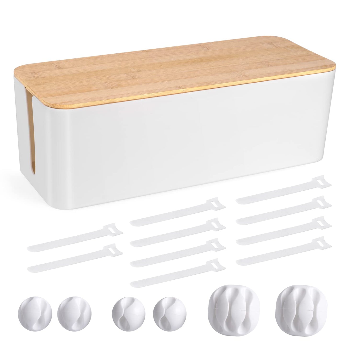 Cable Management Box - Wooden Style Large Cord Organizer Box to Hide Wires & Power Strips | Desk Computer Cable Organizer Box | Safe ABS Material |16" (L) x 6.2" (W) 5.3" (H)|for Home & Office - White