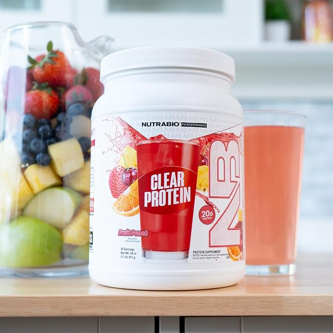 NutraBio Clear Whey Isolate Protein Powder, Delicious & Refreshing Fruit Flavors, Protein Juice, No Milky Taste, No Foam, Zero Sugar, Fruit Punch, 20 Servings