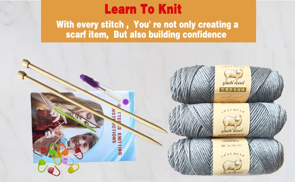 Kaaper Knitting Kit for Beginners Adults, Crochet Kit for Beginners Knitting Starter Kit, Learn to Knit Starter Bundle for Scarves, Hats & Gloves Includes Wool Yarn, Needles & Accessories (Gray)