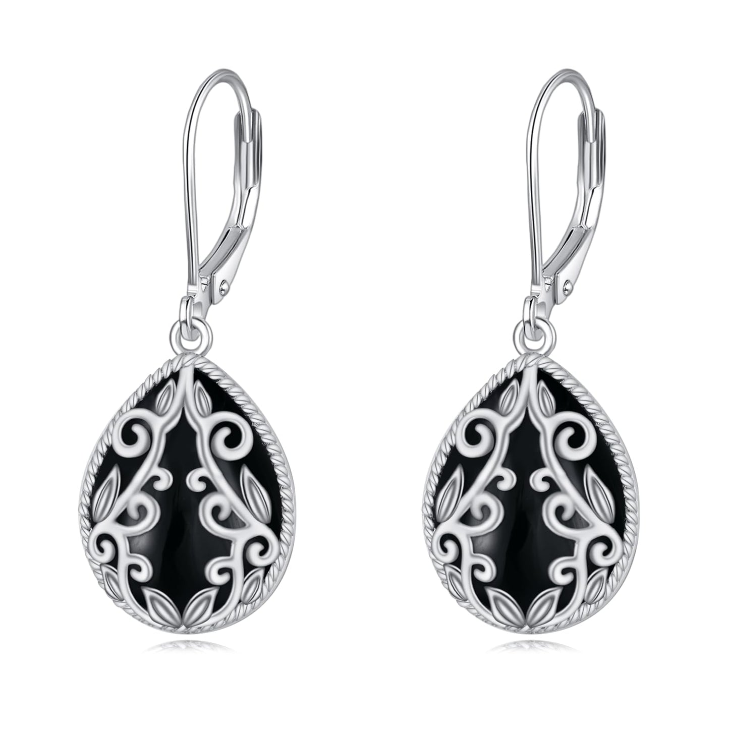 Black Onyx Drop Earrings 925 Sterling Silver Filigree Teardrop Dangle Leverback Earrings Jewelry Gifts for Women