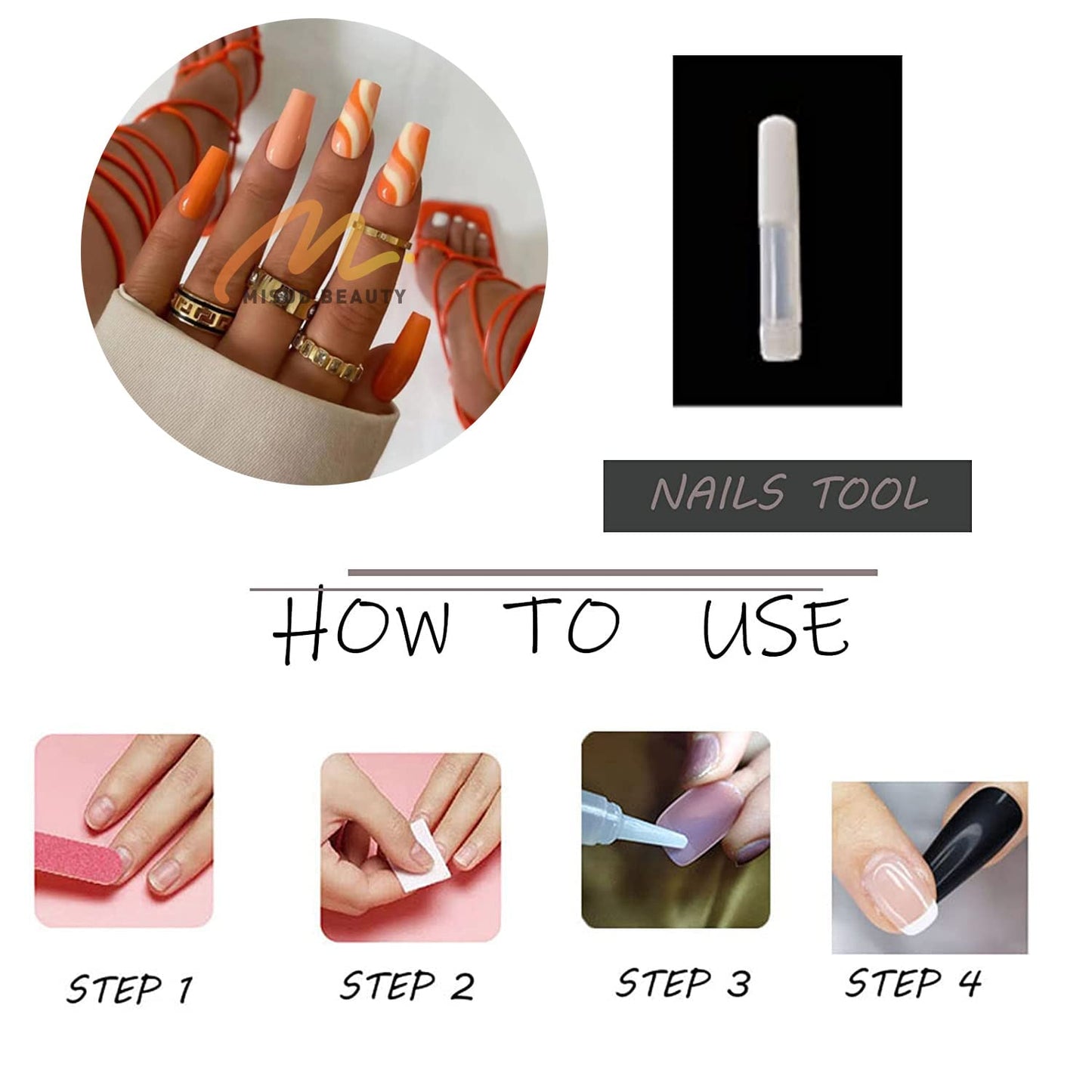 MISUD Press on Nails - Long Coffin Glue on Nails with Orange Swirl, Acrylic Summer Design 24 pcs