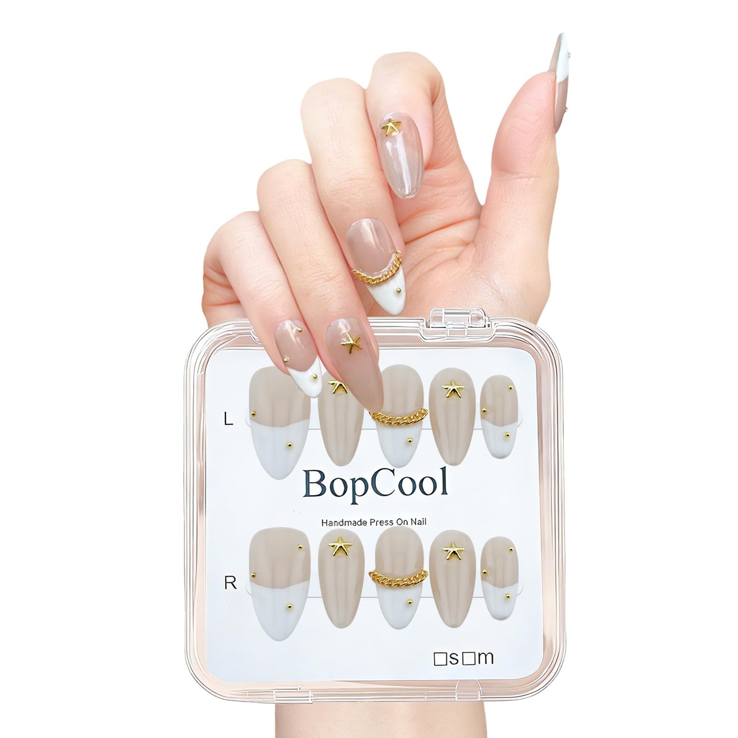 Handmade Press On Nails Medium Almond Shape - 3D Gold Metallic Embellished White French Manicure False Nails, Minimalist Spring & Summer Design | Salon Quality Reusable Fake Nails (10PCS-M)