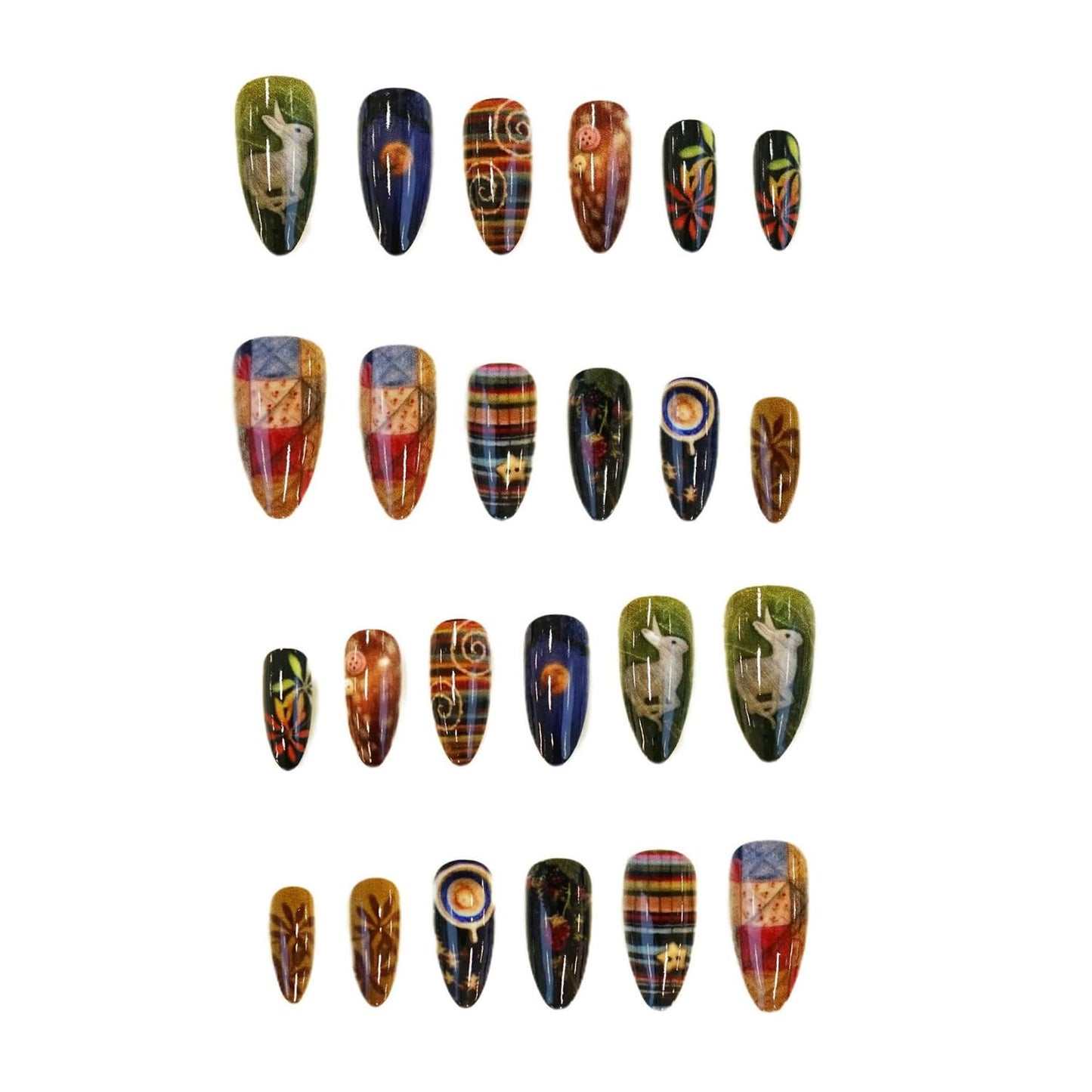 Press on Nails Medium Almond SWEKKE Fake Nails Cute False Nails with Bunny Stars Moon Plaid Stripes Designs Glossy Glue on Nail Full Cover Acrylic Nails for Women Girls 24Pcs