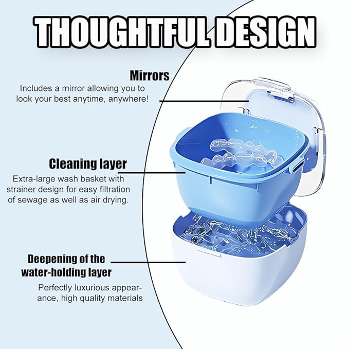 Denture Case, Retainer Cleaning Box, Large Capacity Denture Container Cup for Any Full and Partial Denture, Clear Dentures, Retainers, Night Guards (with Brush and Mirror)