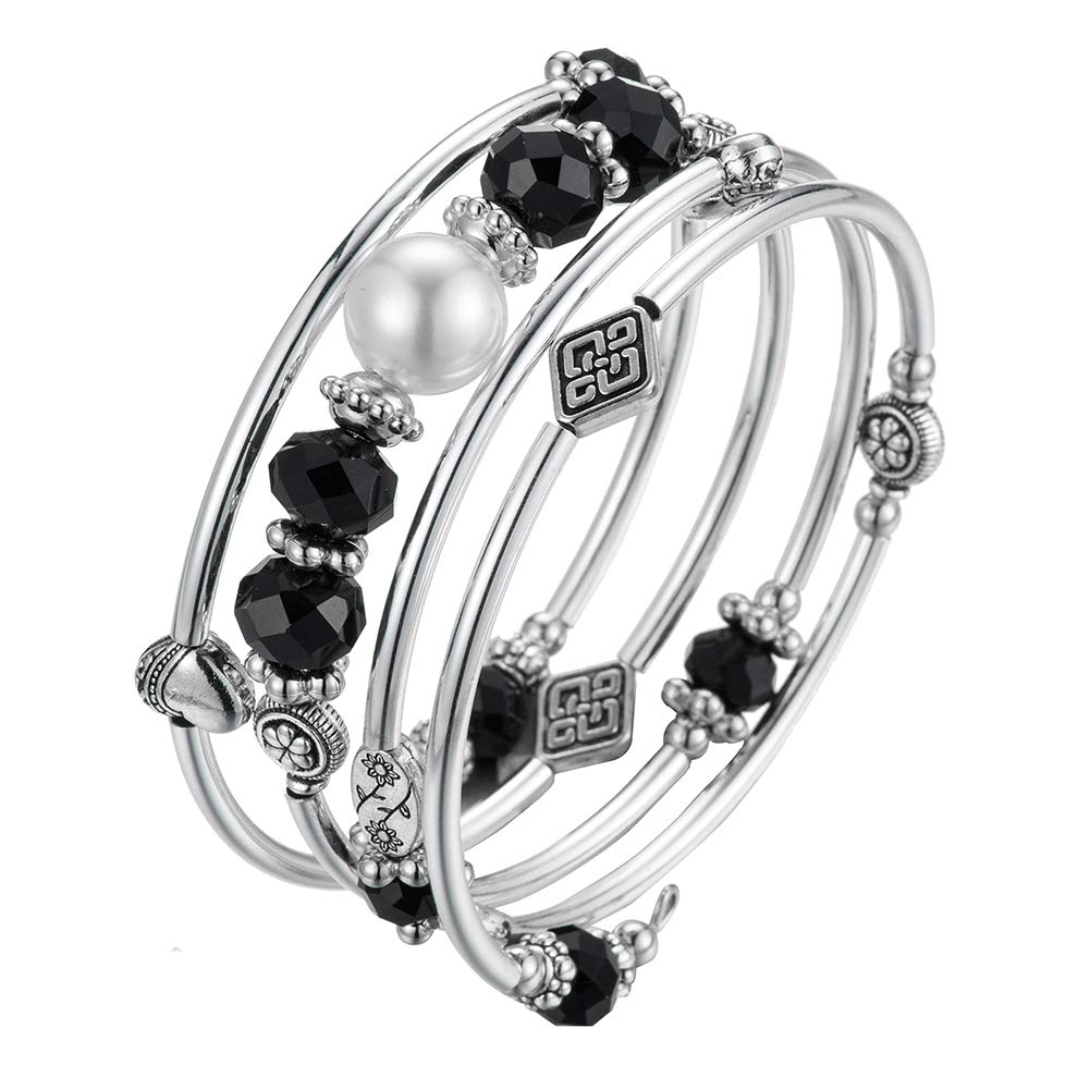 BULINLIN Bead Wrap Bangle Pearl Bracelet - Silver Metal Bracelet Gifts For Women(04-Black)