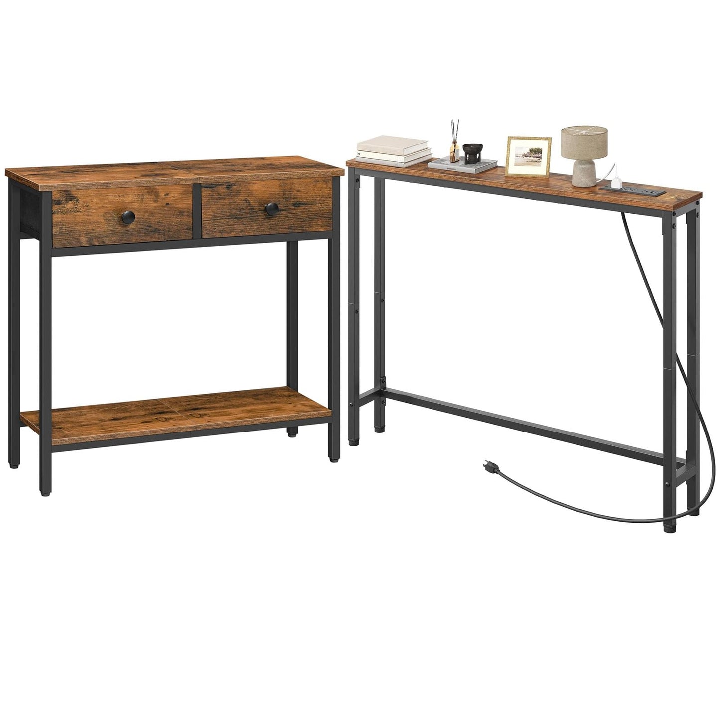 HOOBRO Narrow Console Table and Console Table Bundle, 15.7" Entryway Table with 2 Fabric Drawers, 39.4 Inch Narrow Entryway Table with Power Outlets, BF71XG01-BF52UXG01G1