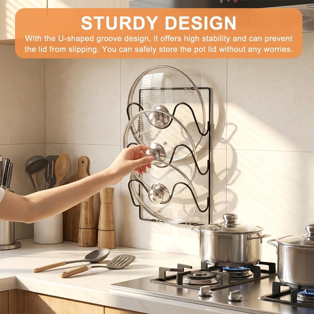 XARVLTMJ 2 Pack Pot Lid Organizer Rack for Cabinet Door or Wall, 6-Tier Pot Lid Holders, No Drilling Pan Cover Holder with 6 Adhesive Clips, Rustproof Kitchen Kit Storage Rack