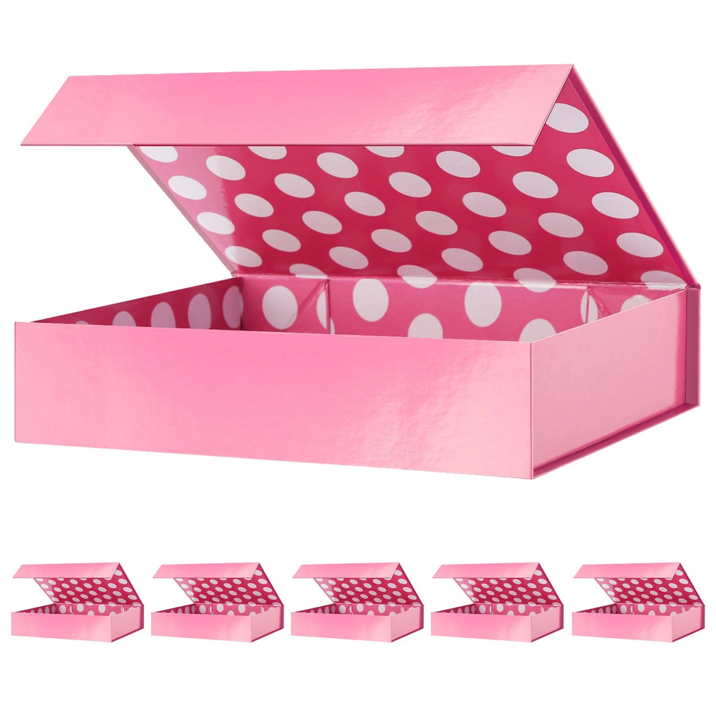 GREEN BEAN 6 Gift Boxes 11x7.8x2.3 Inches, Pink Gift Boxes with Lids for Presents, Magnetic Shirt Gift Boxes for Clothes (Glossy Metallic Pink, Polka Dot Design Inside)