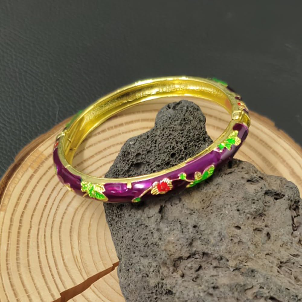 BlingNook Cloisonne Bracelet For Women, Chunky Bangle Trendy Cute Flower Enamel Bangles Multi Tone Engraved Cuff Gold Plated Bracelets Stackable Wife Jewelry Friendship Gift (Dark Purple, One Size)