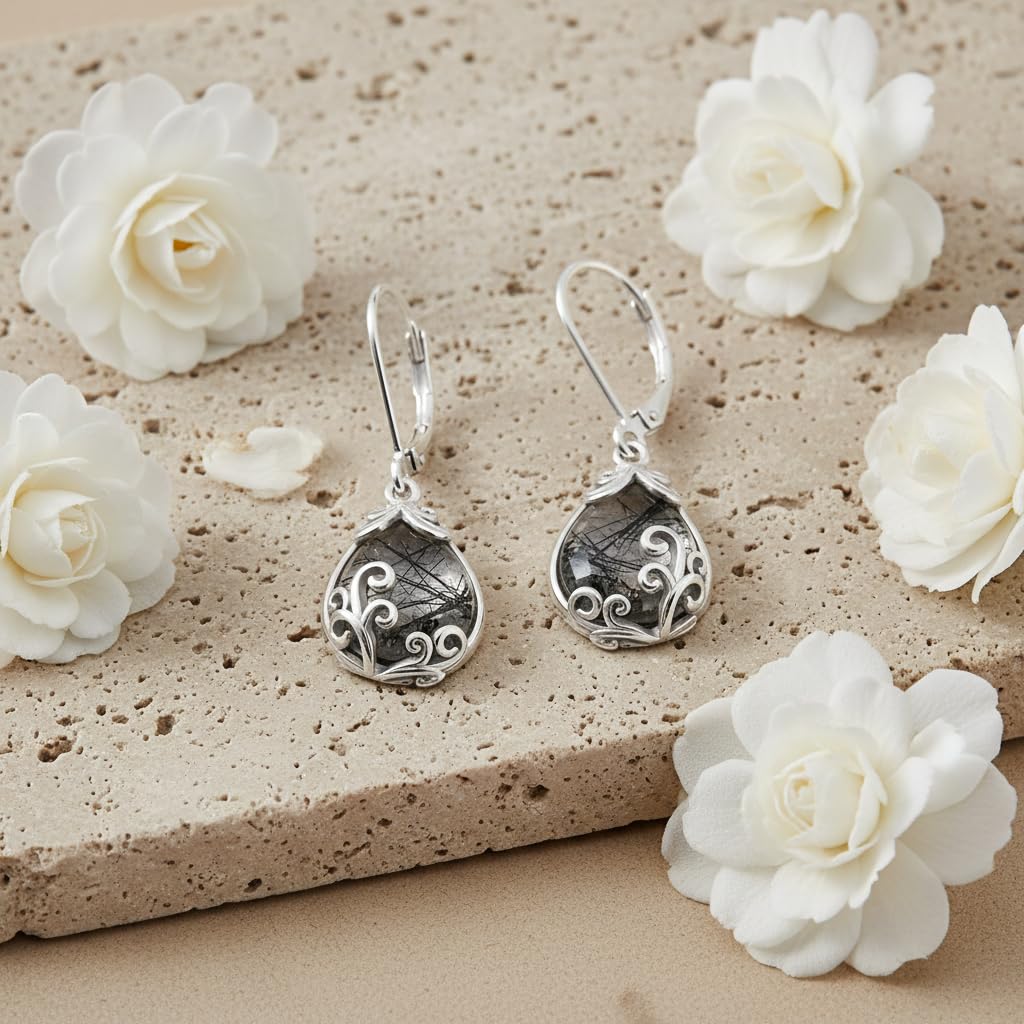 POPLYKE Rutilated Filigree Teardrop Drop Dangle Earrings Sterling Silver Leverback Earrings Black Rutilated Quartz Jewelry Gifts for Women