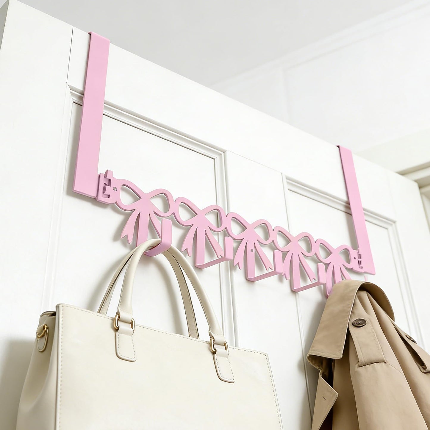 Yitexin 2 Way Mounting, Wall Mount or Over the Door Hooks, Cute Pink Bow Door Rack Hanger for Hanging, Heavy Duty Towel Rack with 5 Hook for Hats Purses Coats Clothes Bathroom Organizer (Pink)
