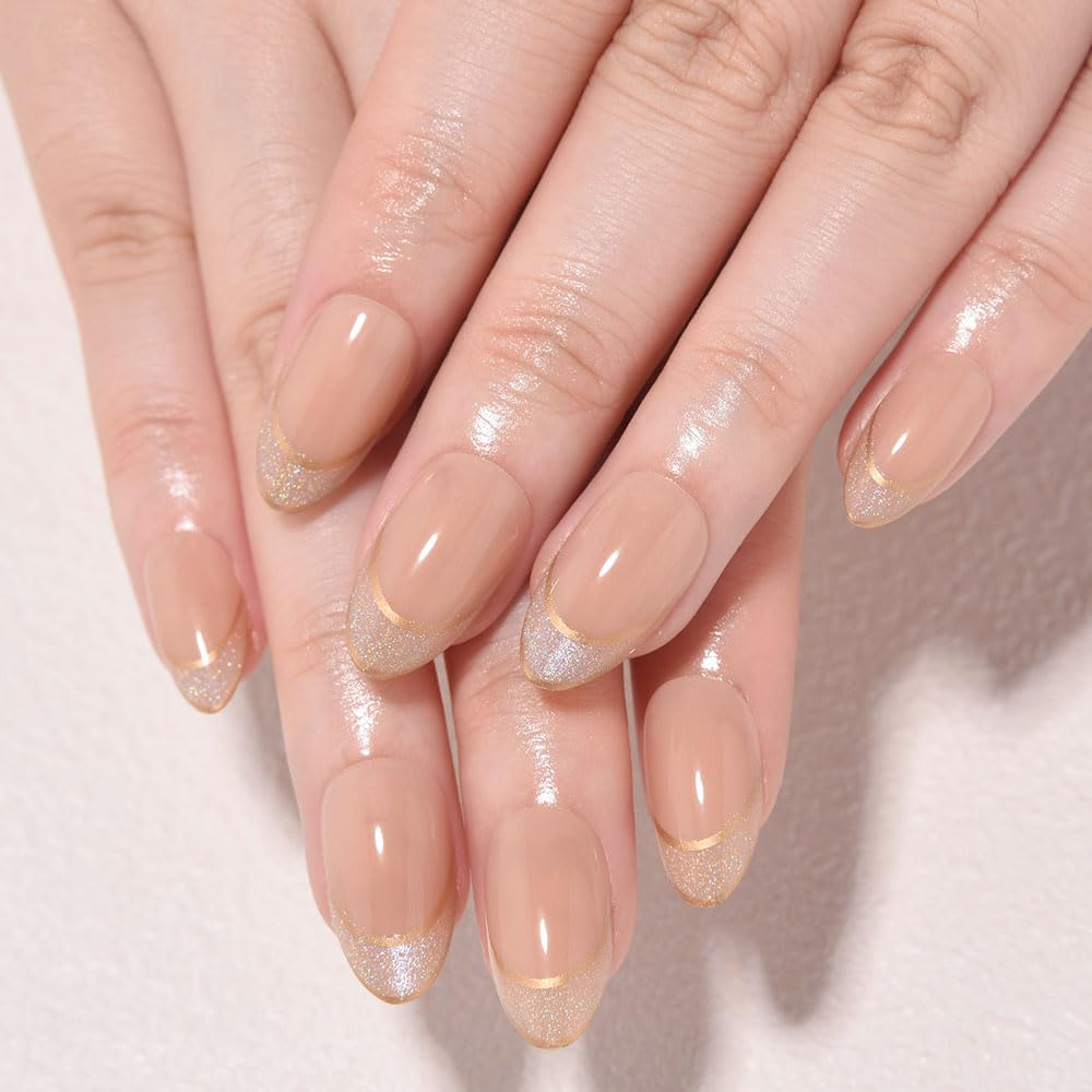 evpct French Tip Press On Nails Short Almond, Nude + Gold Line & Glitter Tips, Short Almond Fake False Press on Nails, Soft Gel Stick on nail Press ons with Nail Kit, Reusable Salon Quality