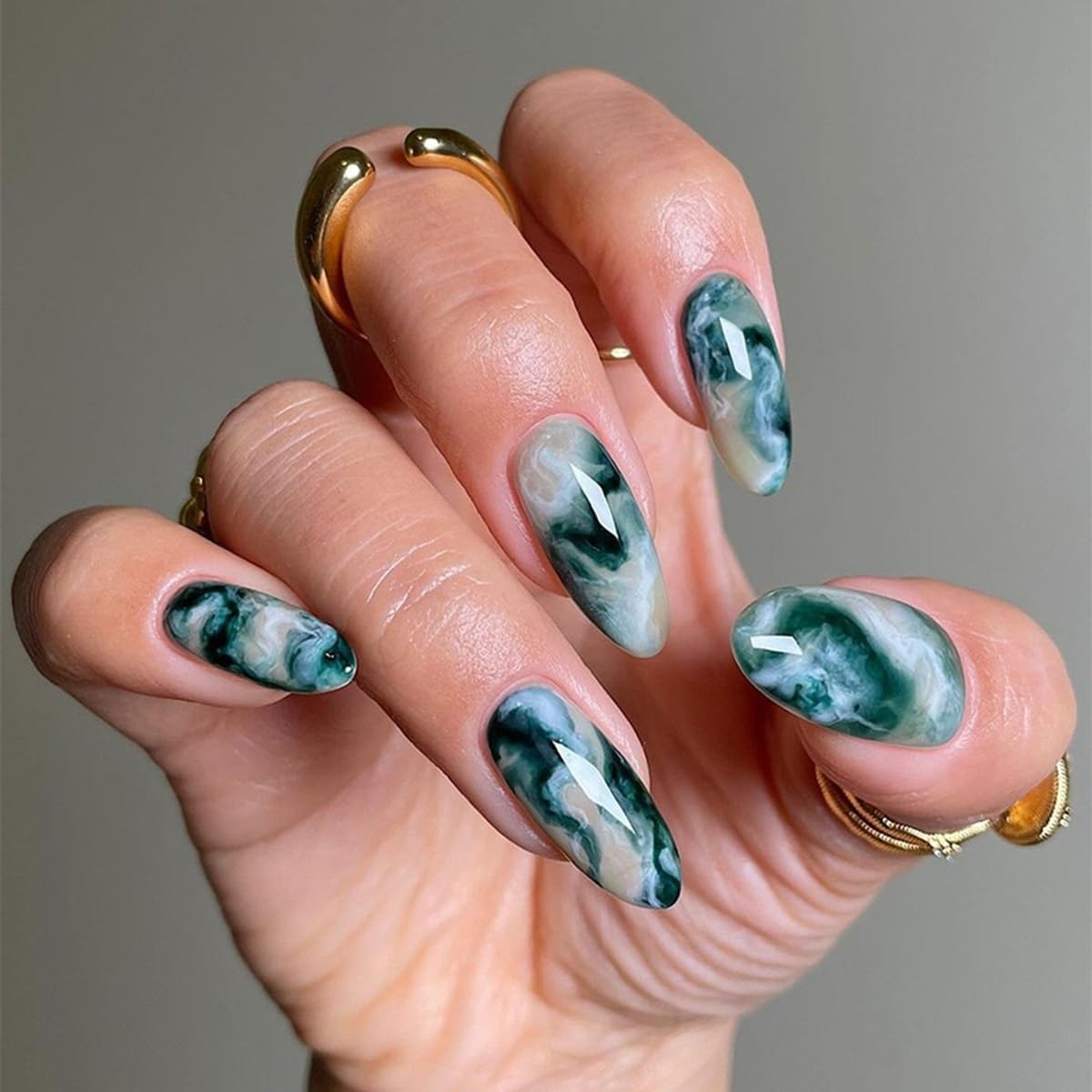 CTTHNBD Press On Almond Medium Green False Nails with Gradient Marble Design - Glossy Acrylic Full Cover Glue on Nails - 24 Pcs