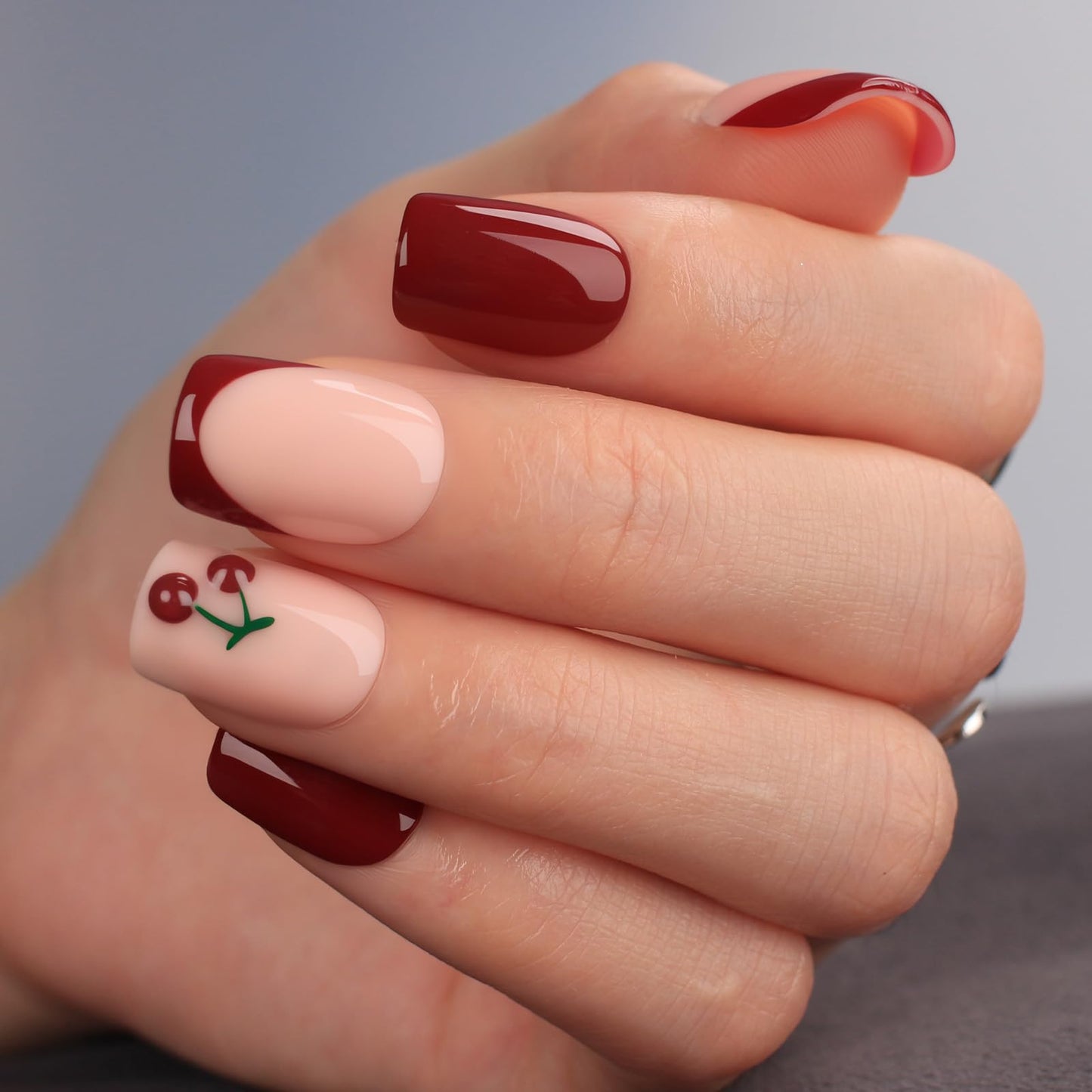 Mivota Cherry Press On Nails Short Square Shape Glossy French Tip Fake Nails with 3D Cherry Design, 30PCS Reusable Acrylic Stick On Nails, Cute Red & Pink False Nails for Women