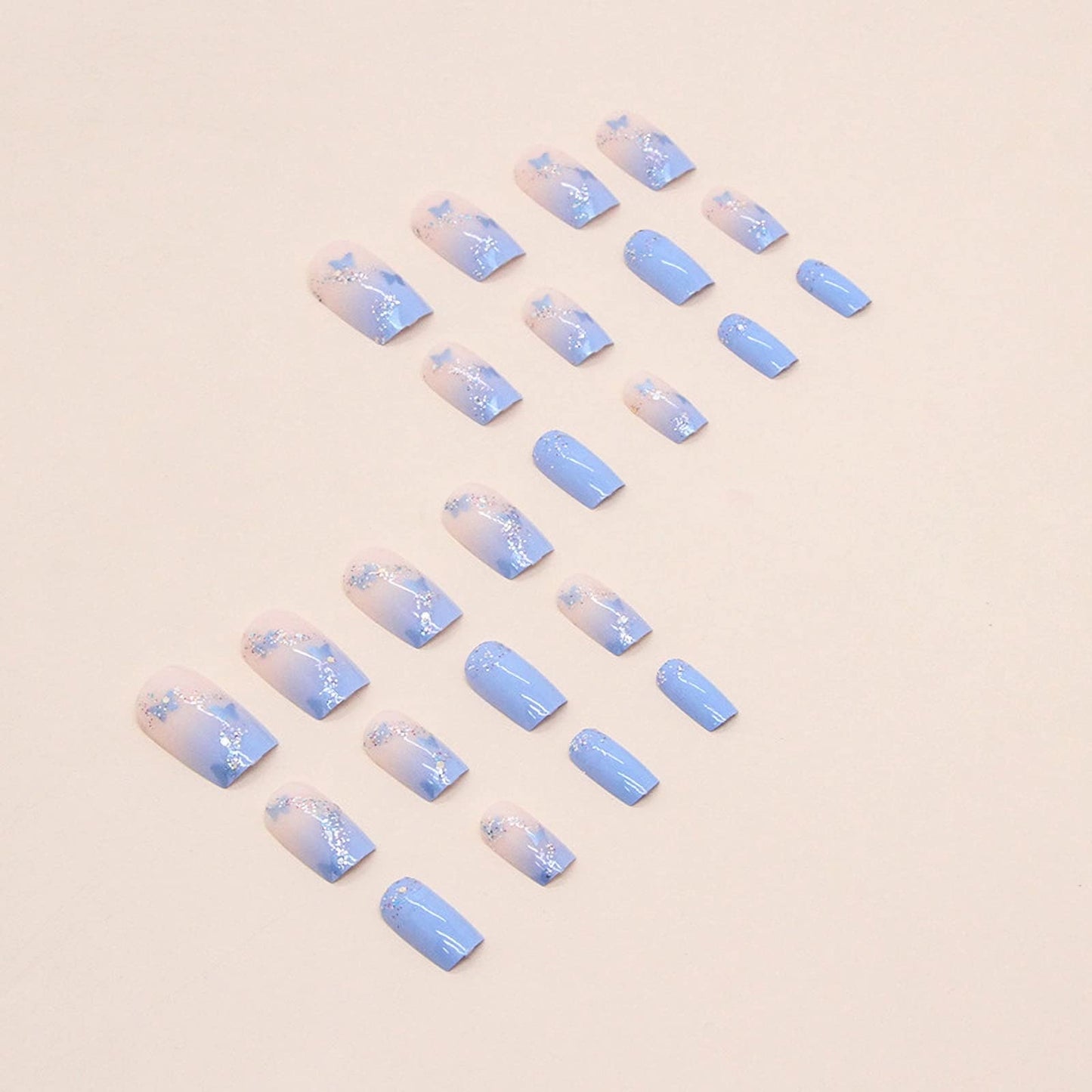 MISUD Press on Nails - Short Square Glue on Nails with Summer Blue, Acrylic Spring Butterfly Design 24 pcs