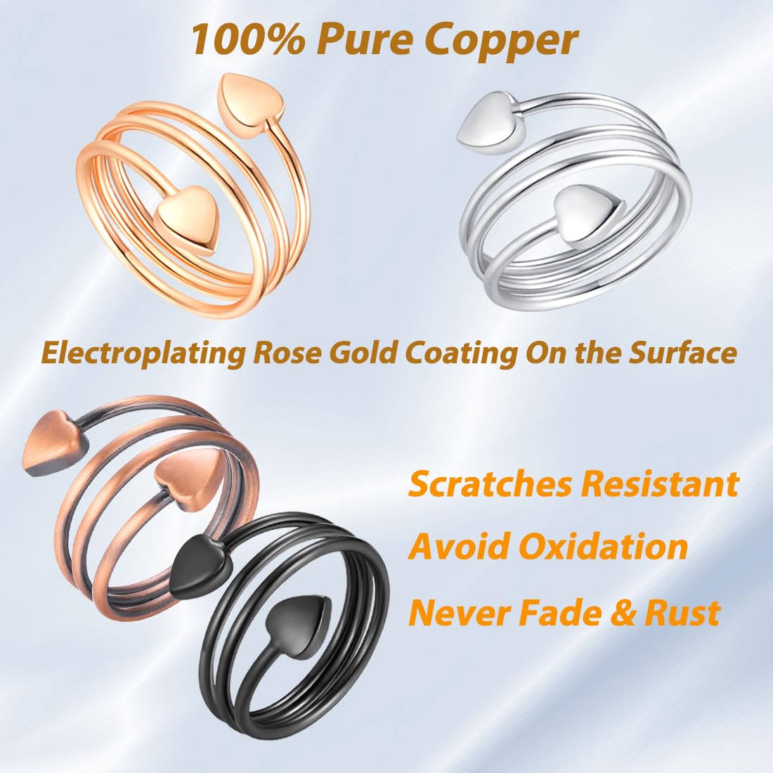 Vicmag Copper Magnetic Ring for Women, Magnetic Rings Ladies Fingers Thumb 100% Solid Pure Copper Jewelry Gift Adjustable(4PCS Rose Gold+Silver+Black)