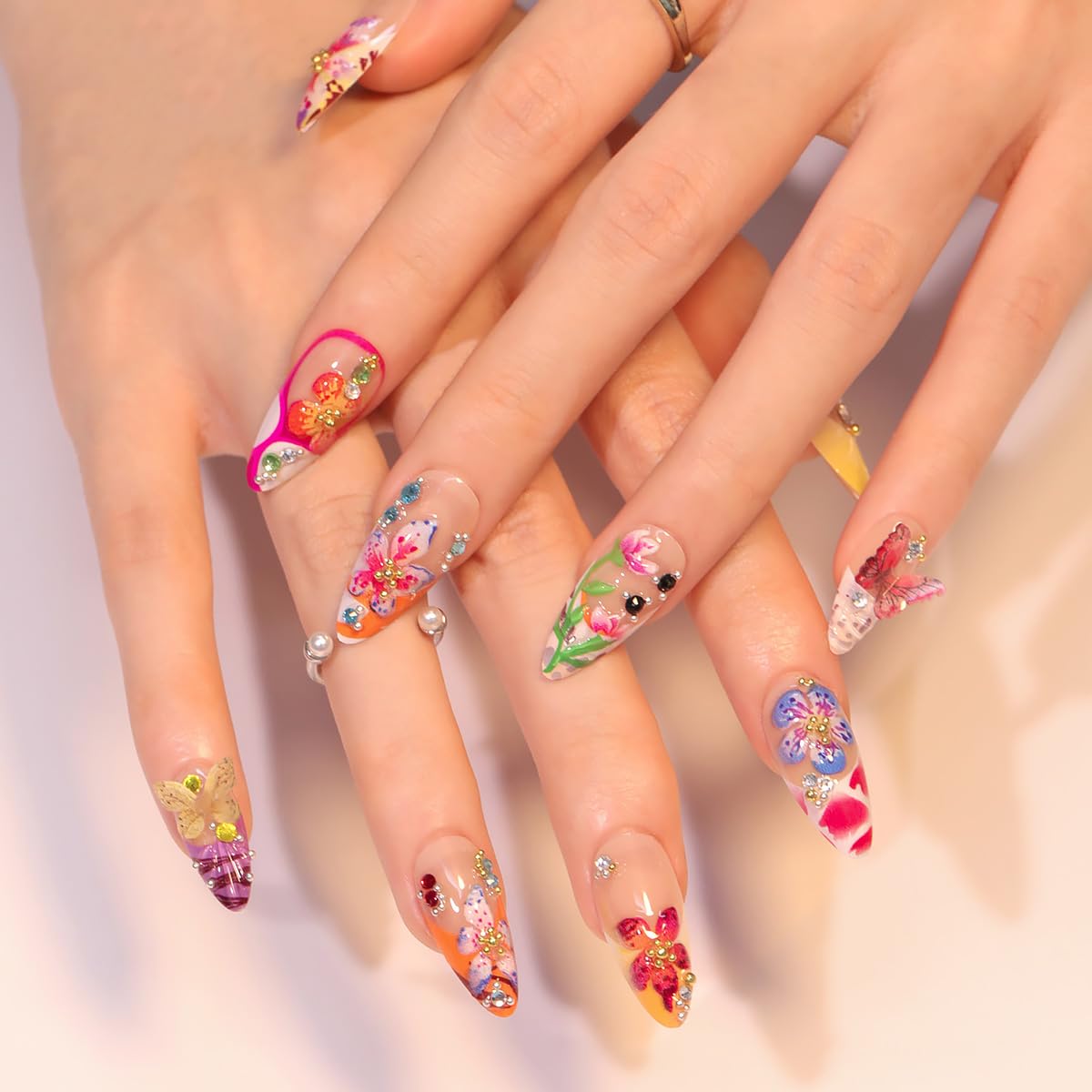 WBRRFJJ 24Pcs Medium Almond Acrylic Flower Press-on False Nails with 3D Colorful Butterfly Gems Design, Glossy Finish, Full Cover, Summer Stick-on Nails for Women