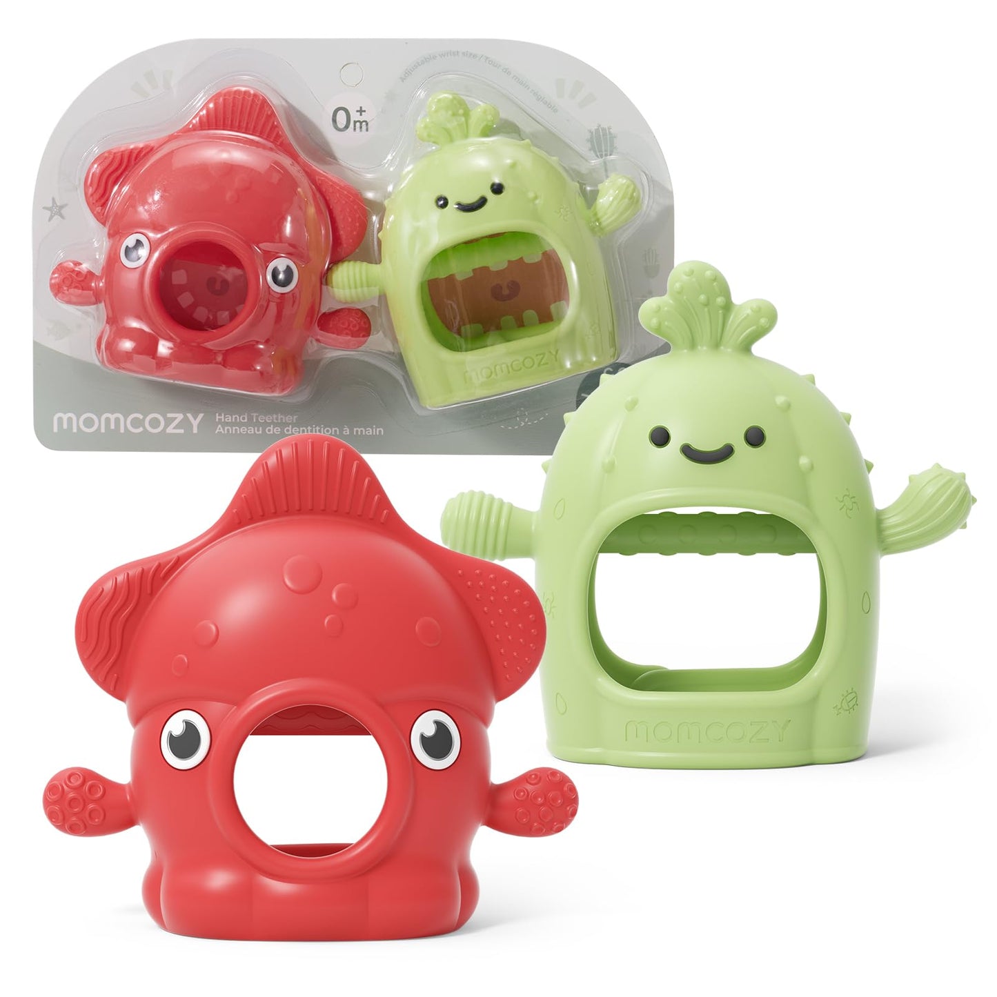 Momcozy 2 Pack Baby Teething Toys, Food Grade Silicone Baby Teethers for 0–12 Months, Baby Teether Mitten Wrist Teether Set, Easy Grip Teething Relief with Multiple Chew Points, Red&Grass Green