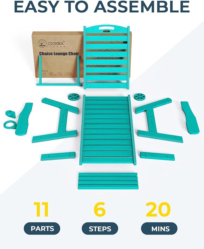 Lounge Chair Outdoor, Oversized Chaise Lounge Chair with 5 Positions, HDPE, Patio Lounge Chair with Wheels & Cup Holder for Pool, Deck, Poolside, Lake Blue