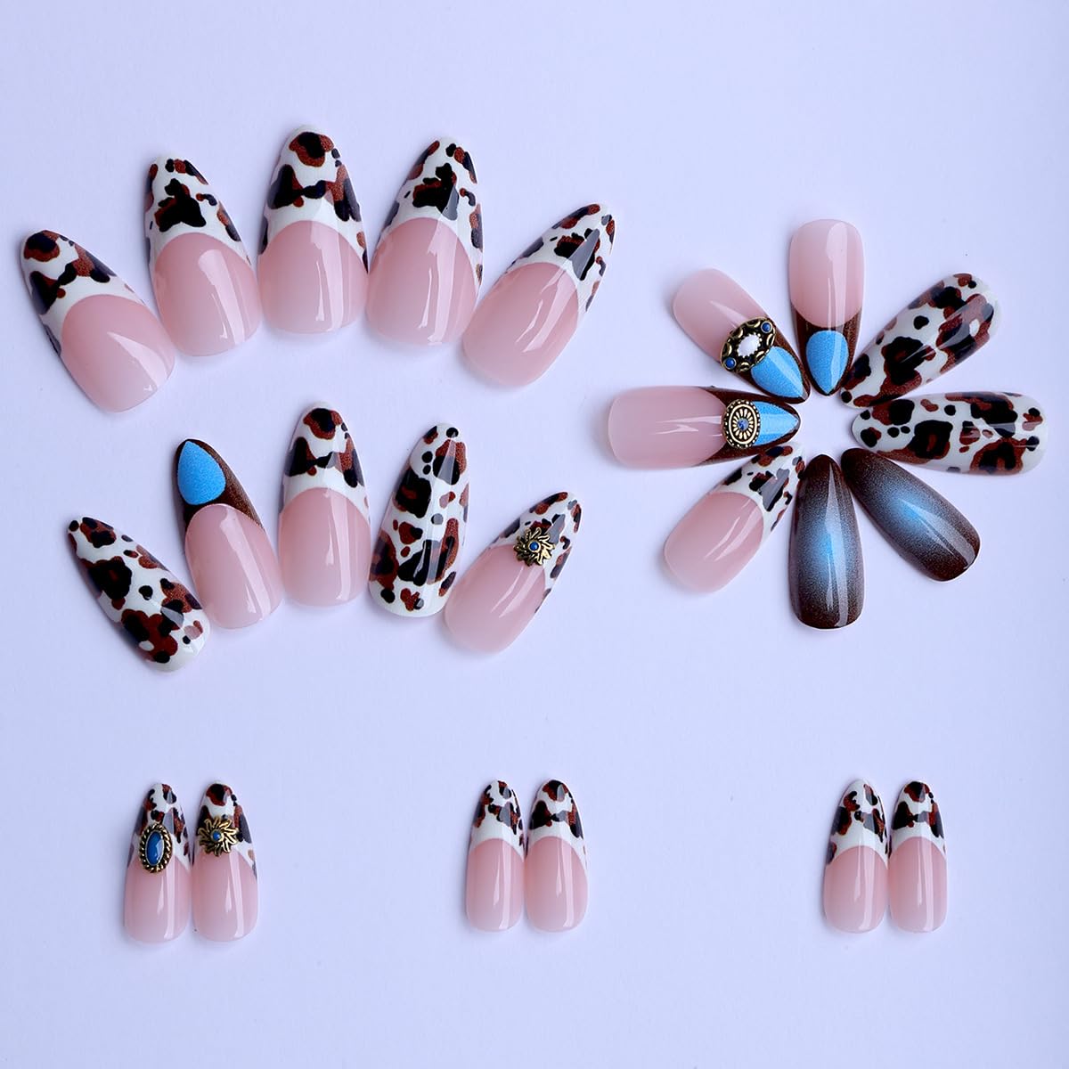 plalely Long Press on Nails Almond, Acrylic Press on Nails with Flower Designs, Long Almond Nail Tips for Women 24pcs
