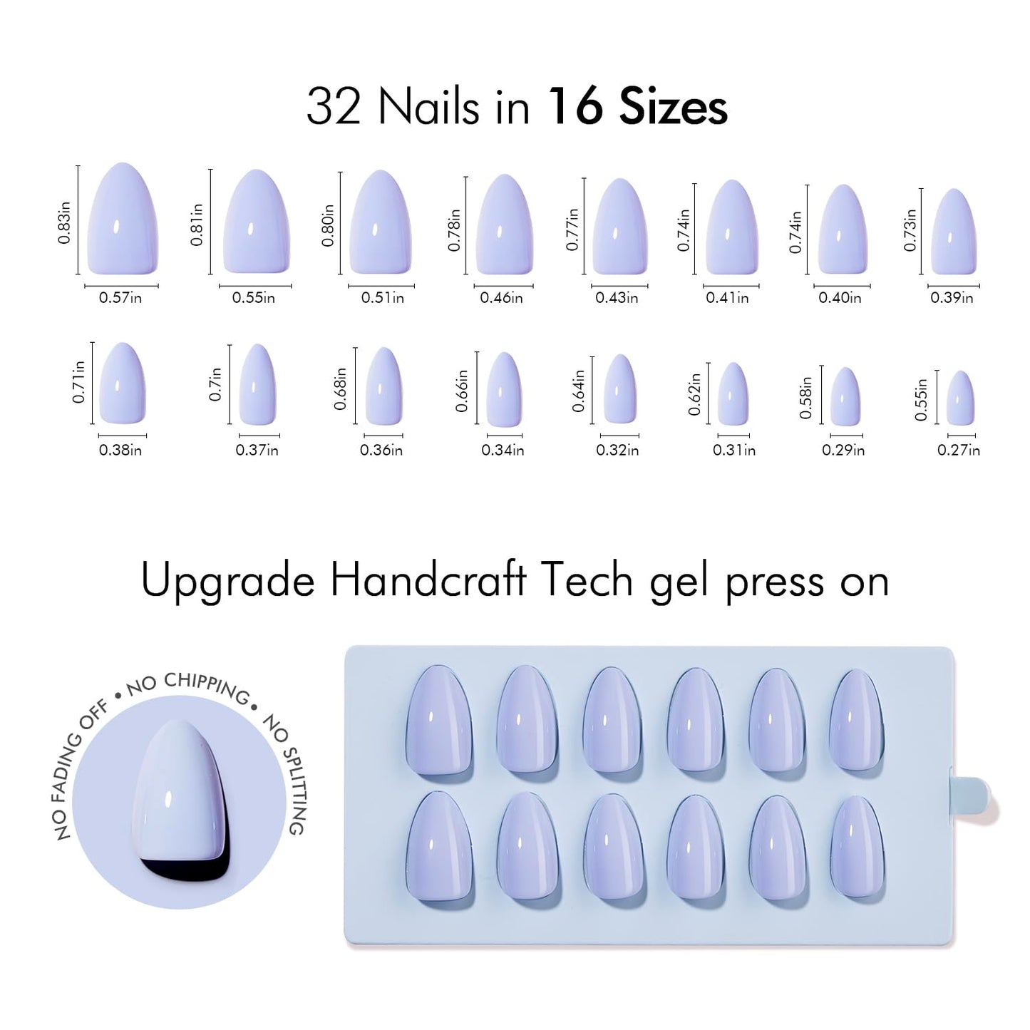VSALON Press on Nails Short Almond - Pastel Blue Spring Summer Fake Nails Kit for Women, Opaque Reusable Salon Quality Gel Nails with Glue & Cuticle Oil - 32 PCS Stick On Nails in 16 Sizes