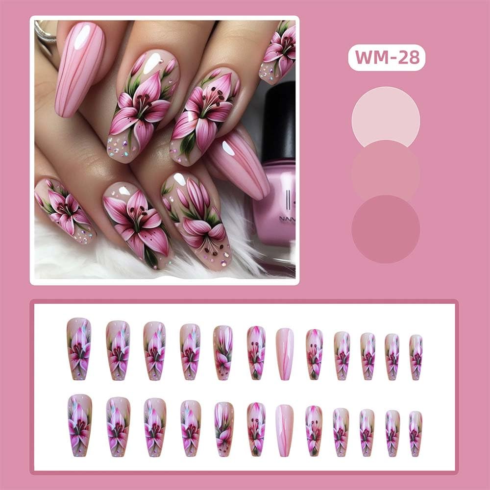 Coffin Press On Nails Long Pink False Nails With Flower Design Full Cover Acrylic Artificial Spring Glossy Reusable Stick On Nail Glue On Nail For Women Manicure Art 24pcs