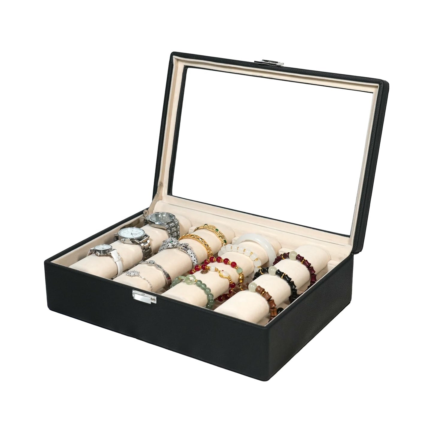 OrizeGe Jewelry Box with Glass Lid Bracelet Holder PU Leather for 4 Rods Beige Velvet Watch Case for Women