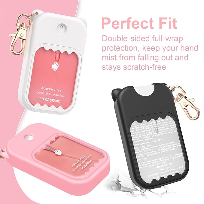 3Pcs Hand Sanitizer Spray Case for Touchland Silicone Touchland Case Keychain Cute Hand Sanitizer Spray Holder Compatible with Touchland Power Mist Gentle Mist Glow Mist (Pink & White & Black)