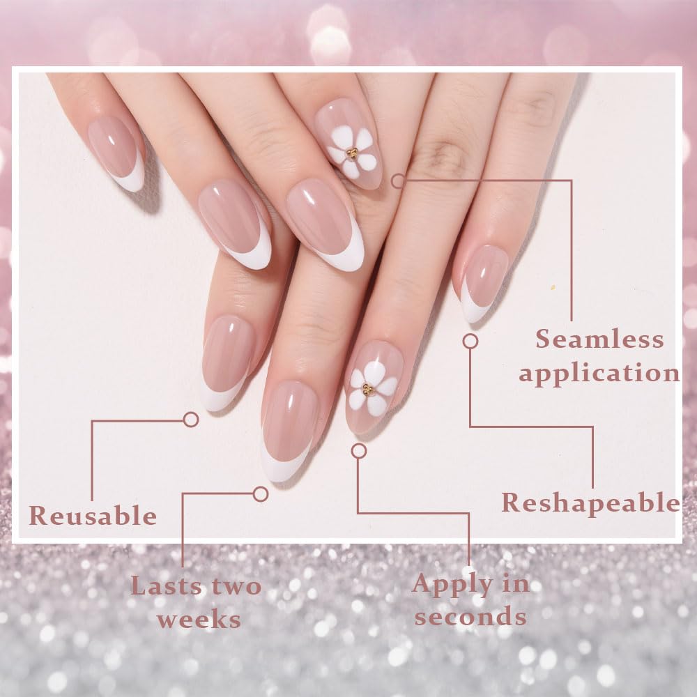 evpct French Tip Press On Nails Short Almond No Glue, Nude Wihte Tips & 3D Flowers, Glossy Short Almond Fake False Press on Nails, Soft Stick on nail Press ons with Nail Kit, Reusable Salon-quality