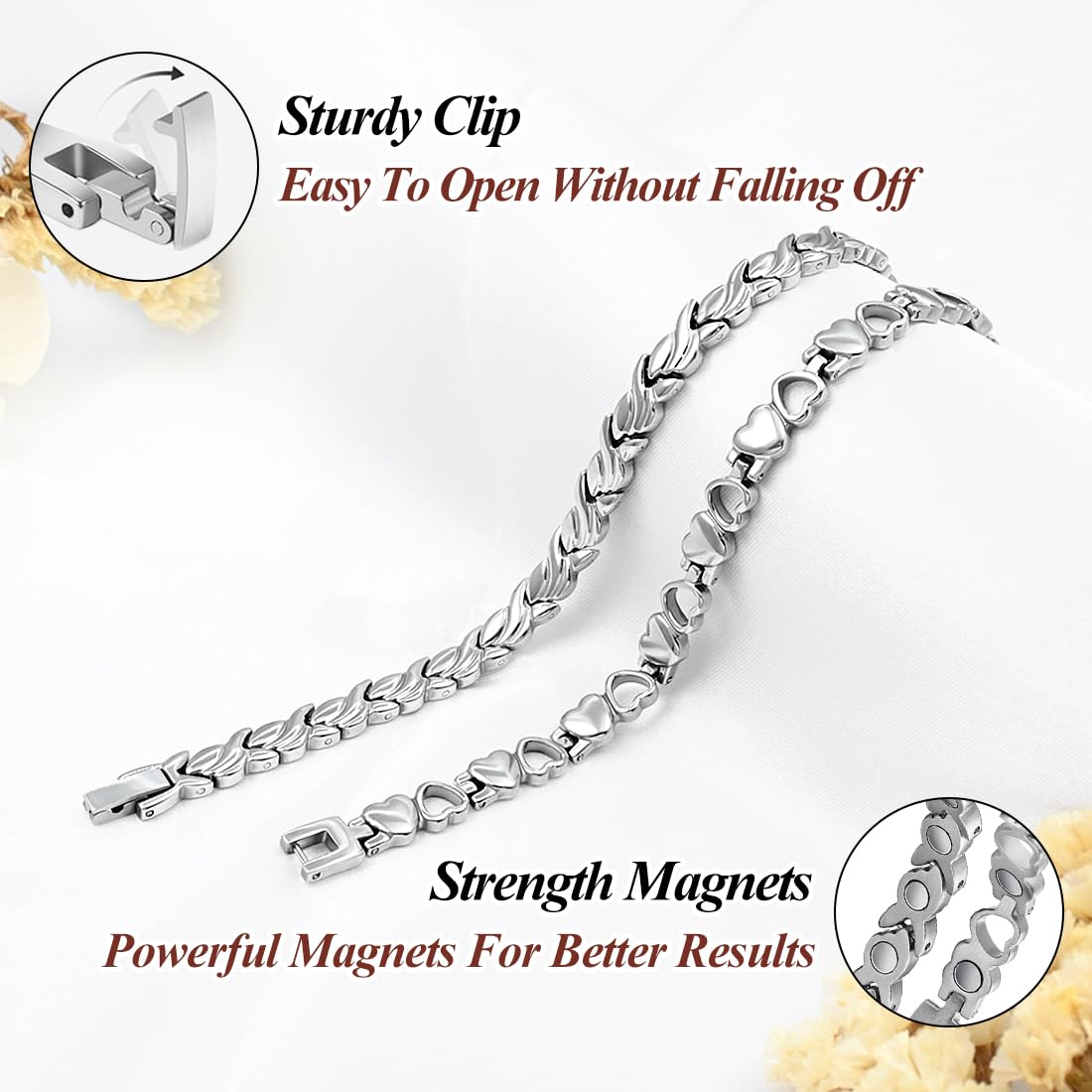 Vicmag Magnetic Titanium Bracelet for Women Steel Jewelry Gift with Adjustment Tool & Box(Silver Fishtail & Heart)