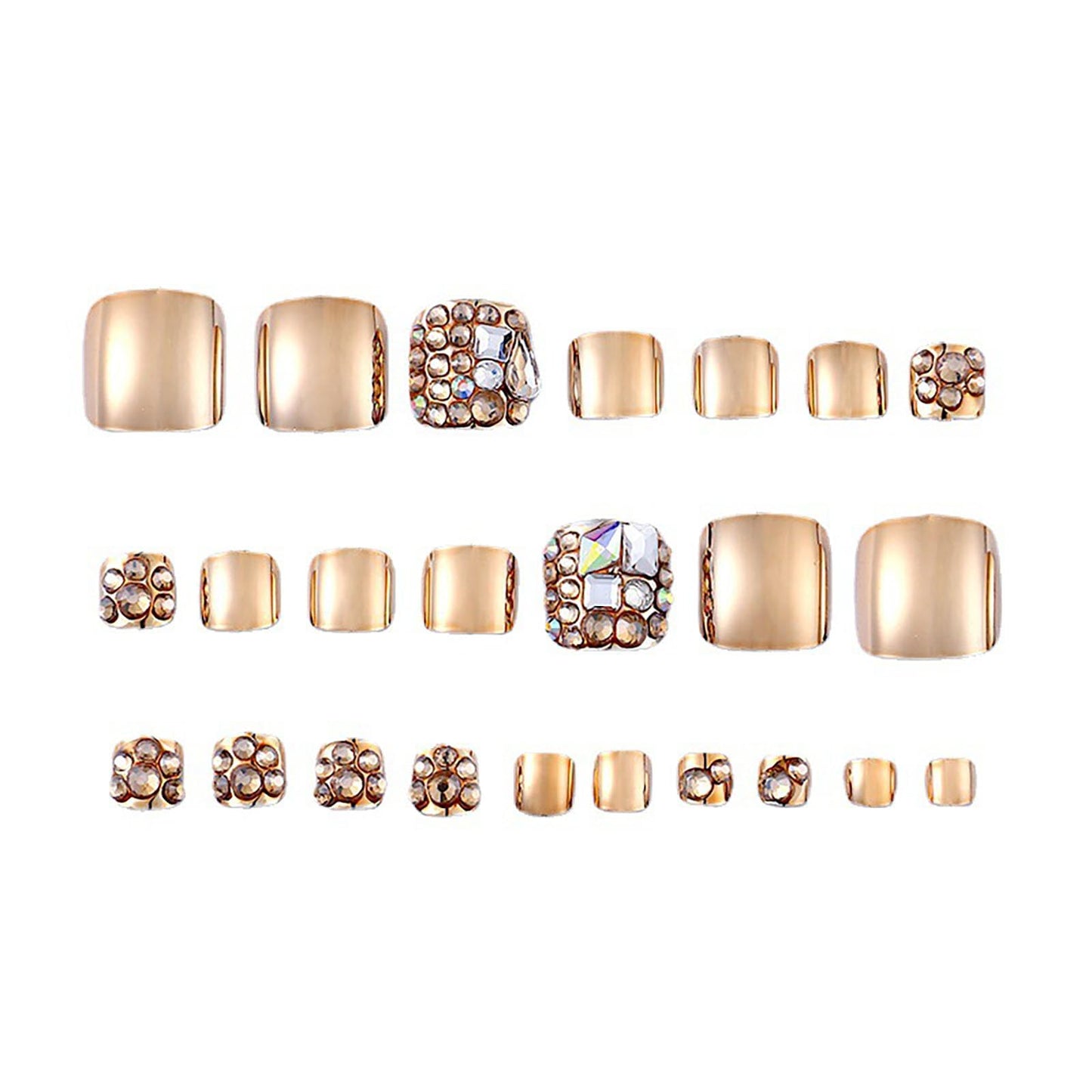 RUOKEXIN Short Press on Toenails Square Fake Toenails with Gold Rhinestones Designs Summer Toe Nail Press ons Sparkly Artificial Nails for Women 24Pcs