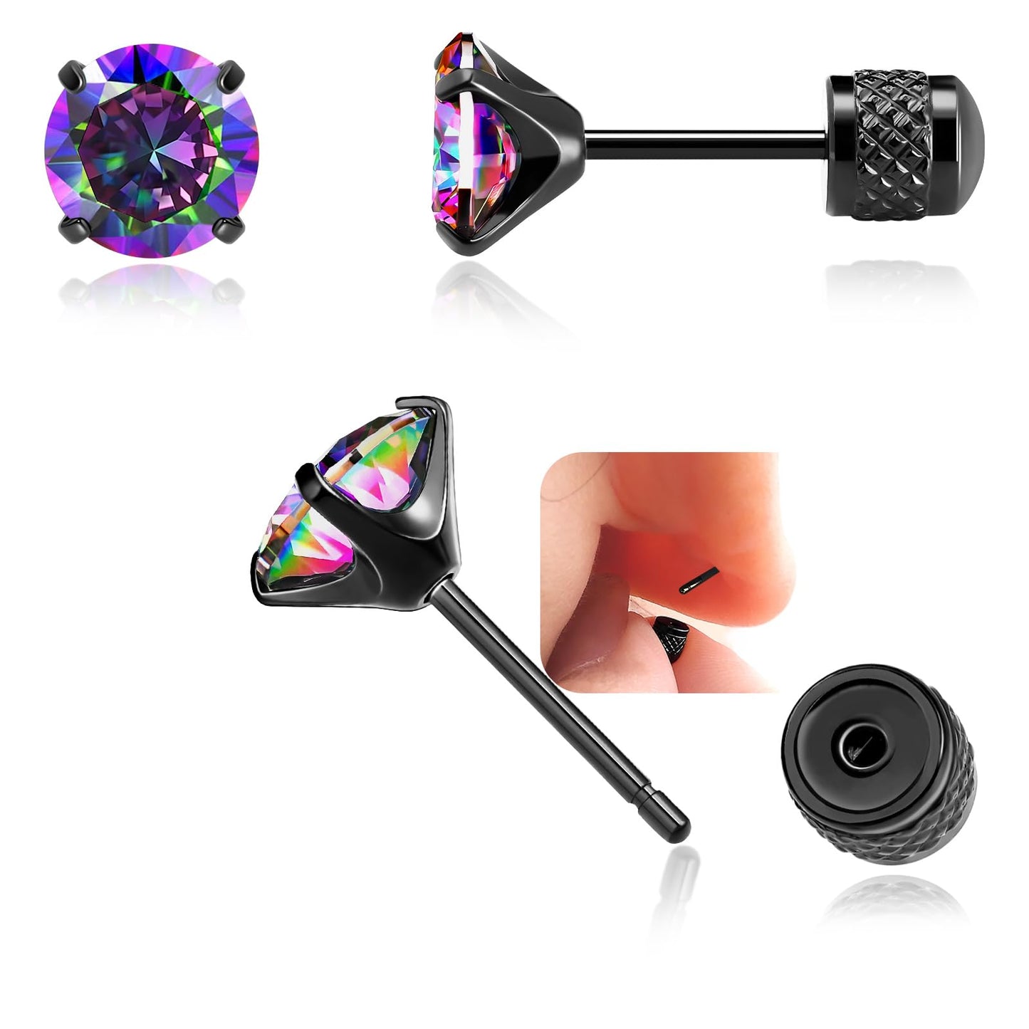 Hypoallergenic Threadless Flat Back Earrings,1 Pairs Cartilage Stud for Women Men Titanium Post 20G None Screw Easy Push in Gold Black Stainless Steel Flatback with CZ 3-7mm (Black+Rainbow CZ, 6mm)