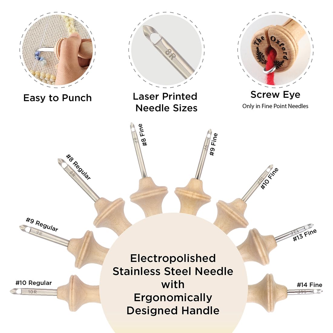 The Oxford Punch Needle Complete Set - 8 Sizes | Ergonomically Designed Natural Wood Handle | Electropolished Steel Tip | Ideal for Punch Needle Rug Hooking