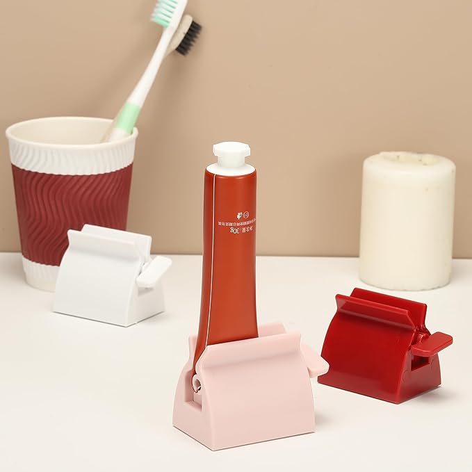 uxcell Toothpaste Tube Squeezer, 2Pcs 2" Toothpaste Squeezer Dispenser Rollers Tube Squeezers Clip Holder Stand for Bathroom, White/Red