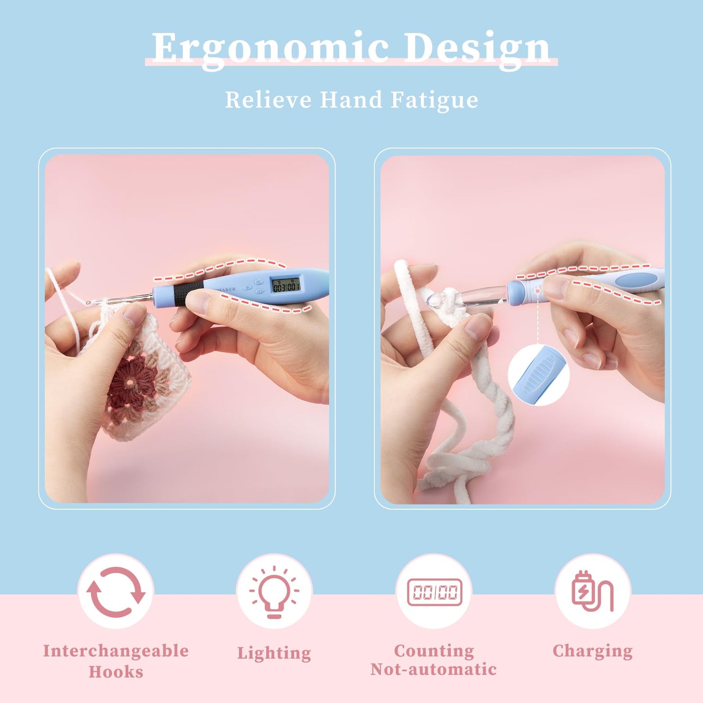 INMAKER Light up Crochet Hooks Ergonomic Soft Grip, Large Counting Crochet Hook Set Digital, Lighted Crochet Needles Kit with Case