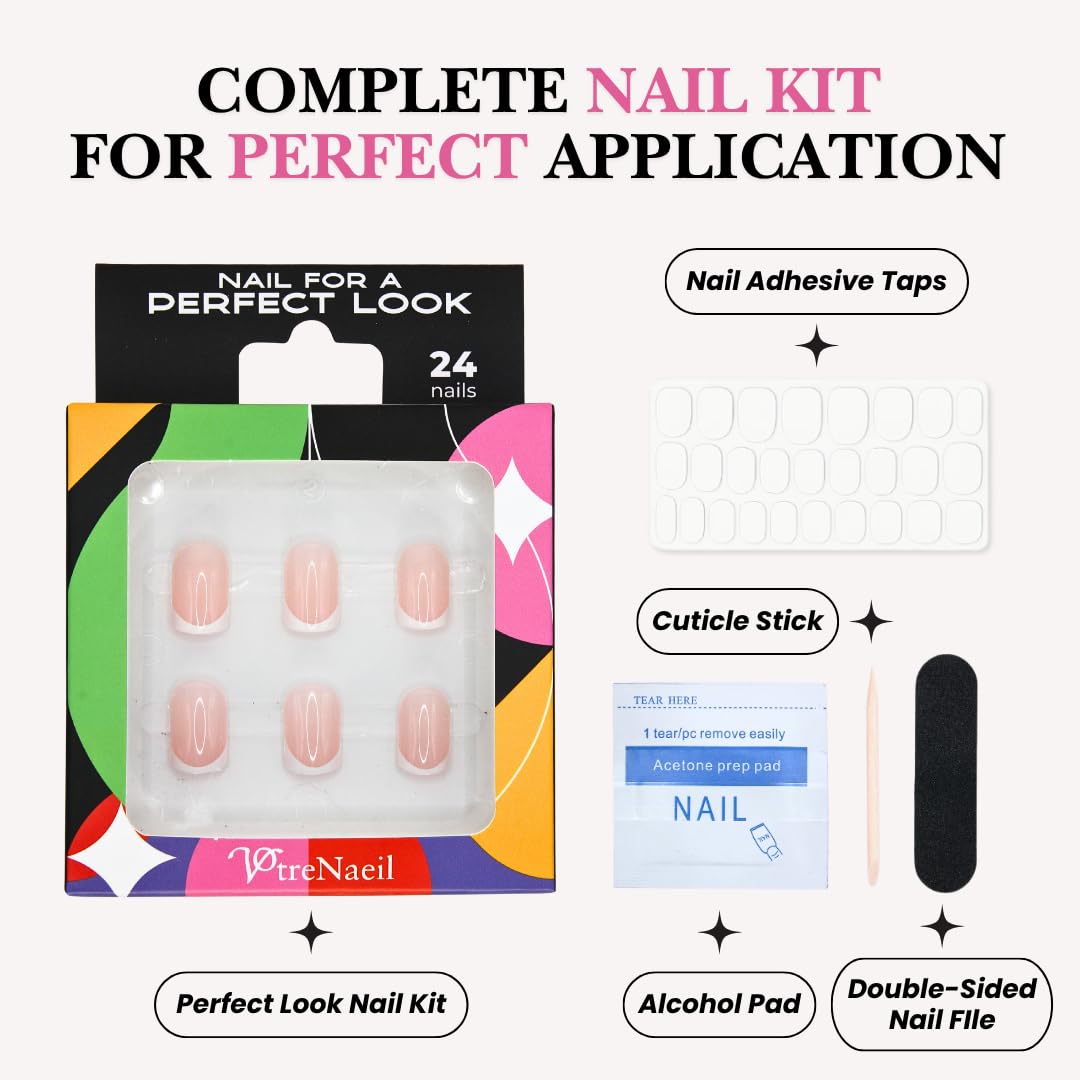 Votrenaeil Press On Nails - Classic Sheer | No Glue Short Squoval Nails with Thin French Tips for Work & Casual - 24 Pcs Nail Kit with Adhesive Tabs