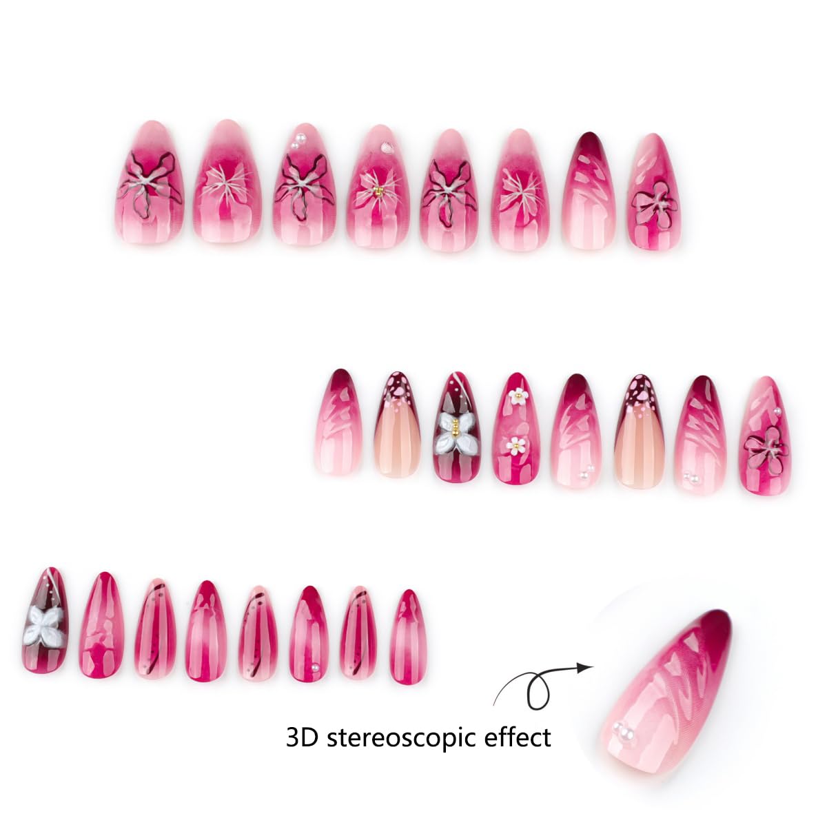 Flowers Press on Nails Medium Almond Fake Nails with Glue Pink Gradient Flower Butterfly Design Acrylic Nails for Women DIY Manicure Decoration 24PCS