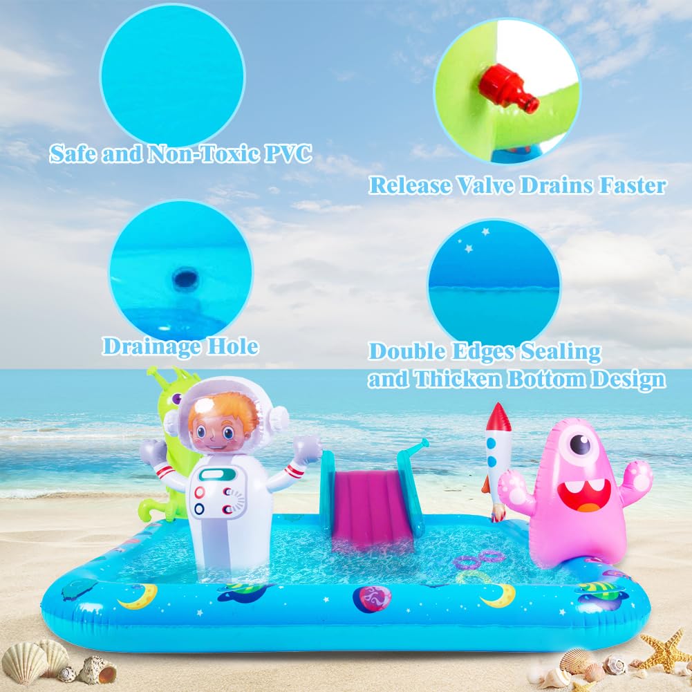 Inflatable Play Center Pool with Slide, Space Astronaut Square Kiddie Pool, 94.5" Square Outdoor Water Play Center with Sprinkler & Ring Toss for Summer Outdoor, Garden/Backyard Fun