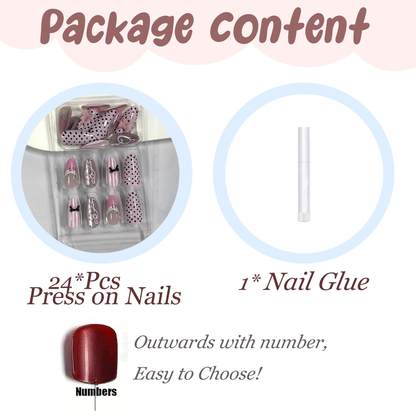 BABALAL Press On Nails, Medium Almond Fake Nails, Pink French Tip, Cat Eye Bling, Polka Dot & Bow Charm, Flower Kawaii Glue On Nails 24Pcs Reusable