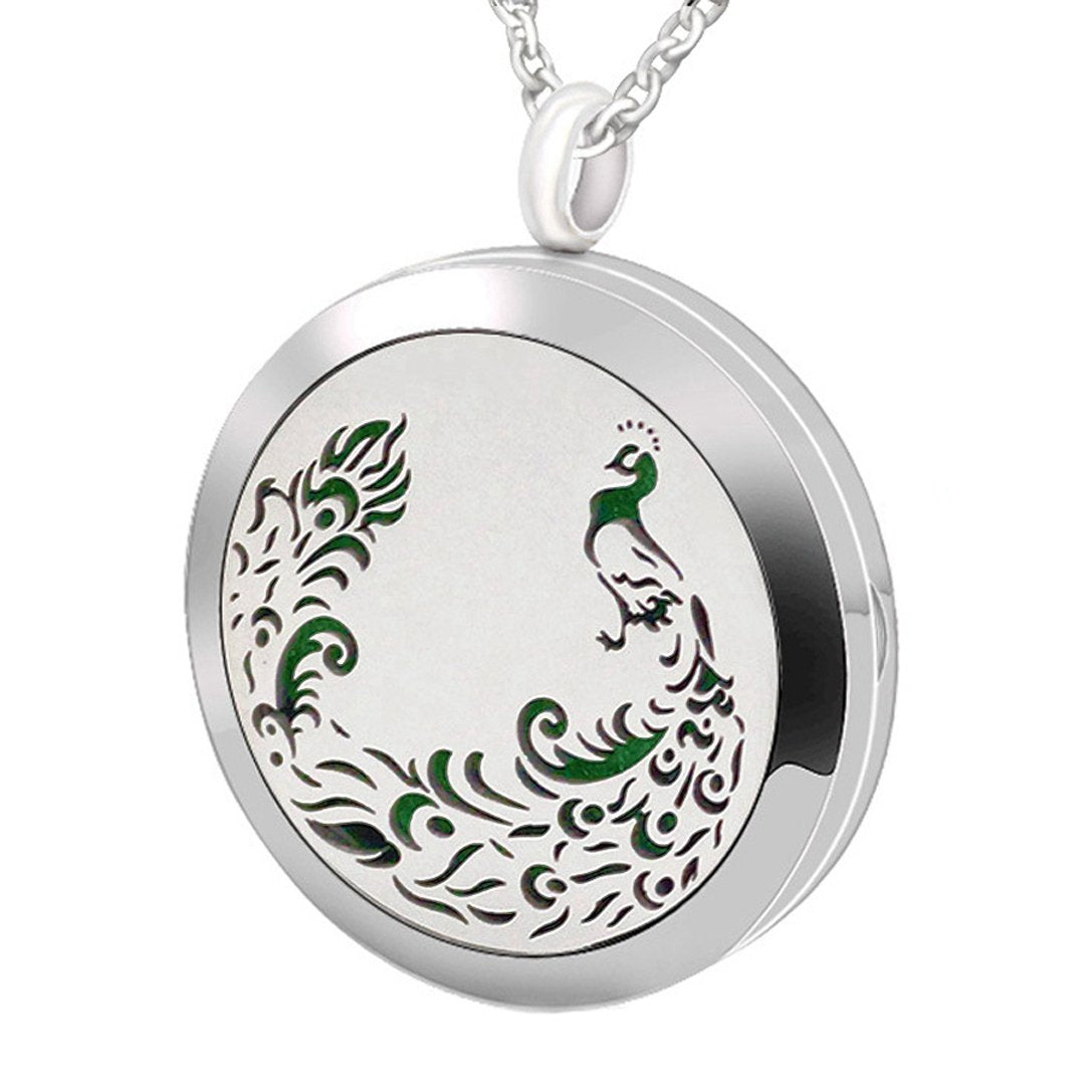 Popeoiuh Aromatherapy Essential Oil Diffuser Necklace - Stainless Steel Locket Peacock Pendant with 24" Chain 8 Colors Pads for Mother Christmas Birthday Father's Day Women Men