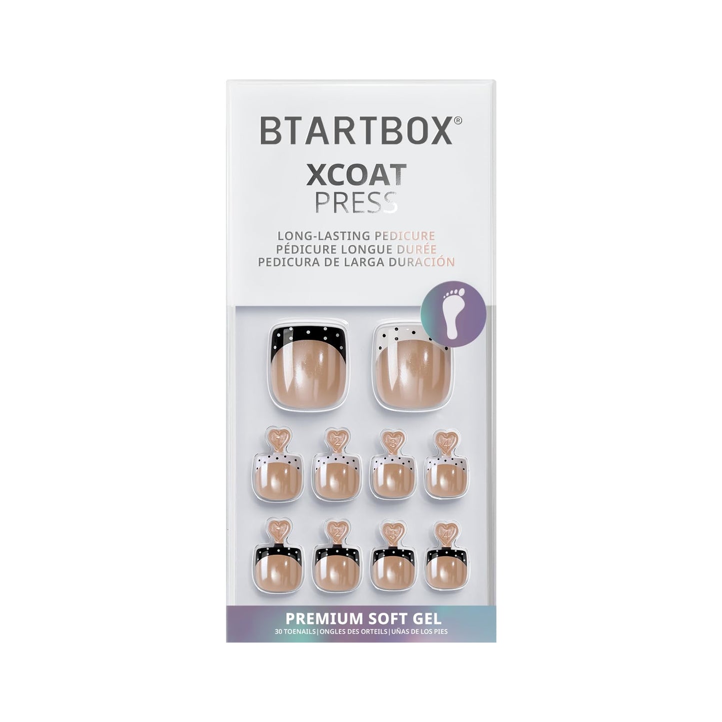 BTArtbox Press On Toenails Short - Kismet Duo, Lamp-Curable Polka Dot Chrome French Tip Square Toe Nail Press Ons with Glue and Adhesive Tabs for Women in 15 Sizes - 30 Toenails All-in-One Kit
