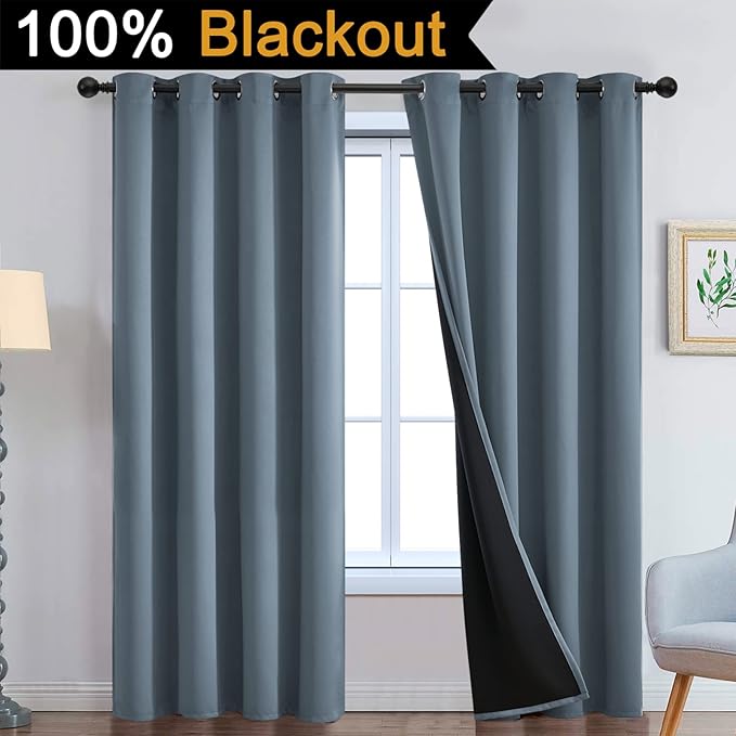 Yakamok Full Blackout Curtains 96 Inches Long,Blackout Curtain Panels for Bedroom, 2 Thick Layers Grommet Top Thermal Insulated Drapes with Black Liner for Living Room(Stone Blue, Set of 2)