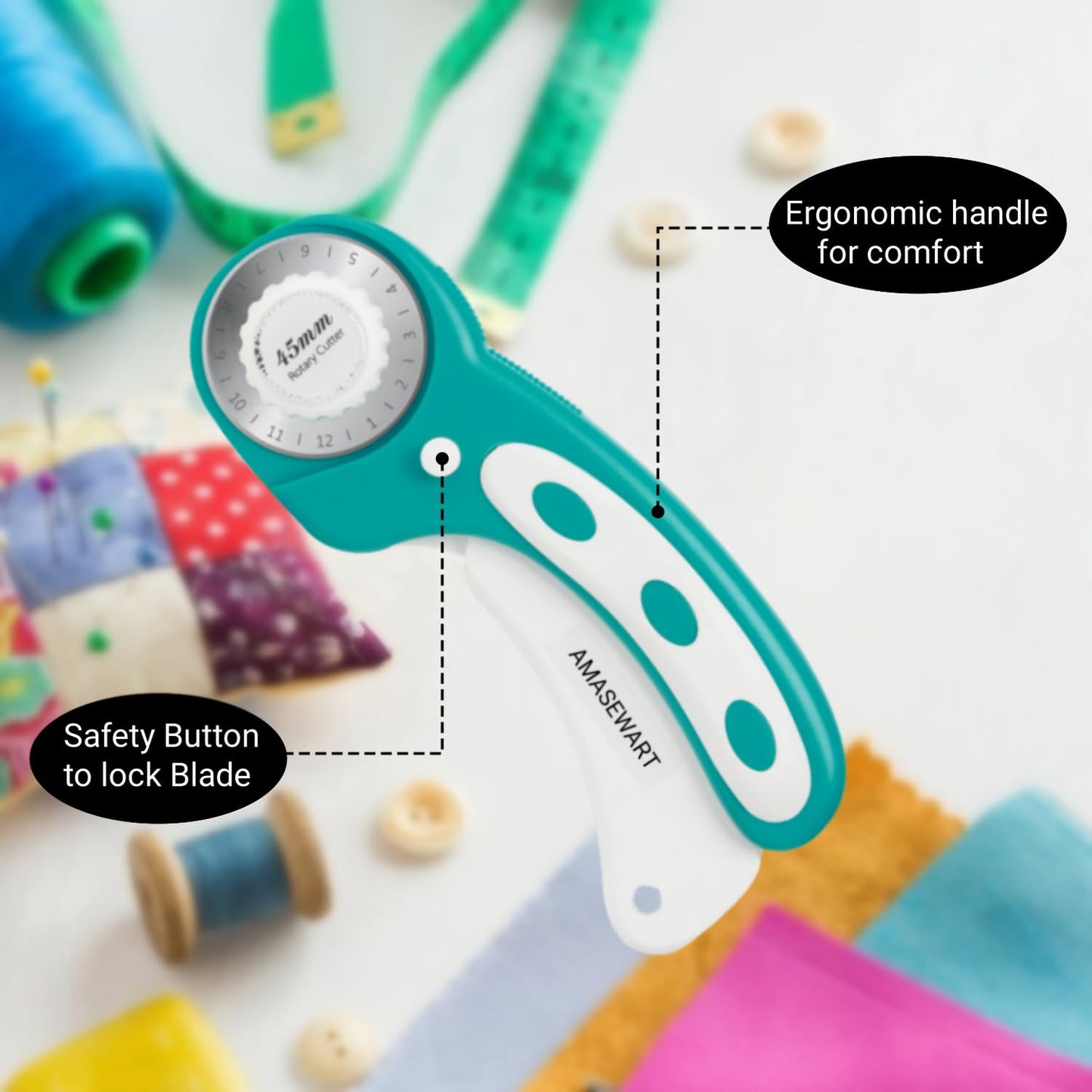 AMASEWART 45mm Rotary Cutter and Mat Set, Fabric Cutter Wheel and 12x18 Inch Self Healing Sewing Cutting Mat, Fabric Rotary Cutter with 5pcs Rotary Blades for Quilting Patchworking Crafts, Turquoise