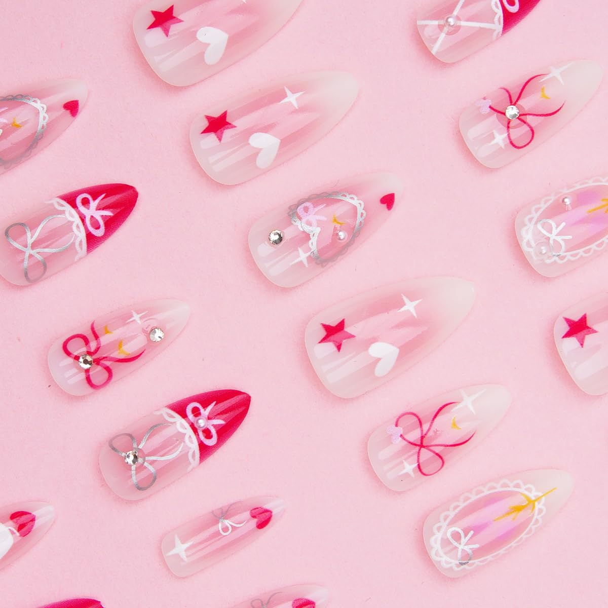 24Pcs Pink French Tip Press on Nails Medium Almond Fake Nails with Pearl Rhinestones Design Heart Star False Nail Cute Bow Stick on Nails Summer Glue on Nails Pink Gradient Acrylic Nail for Women Gift