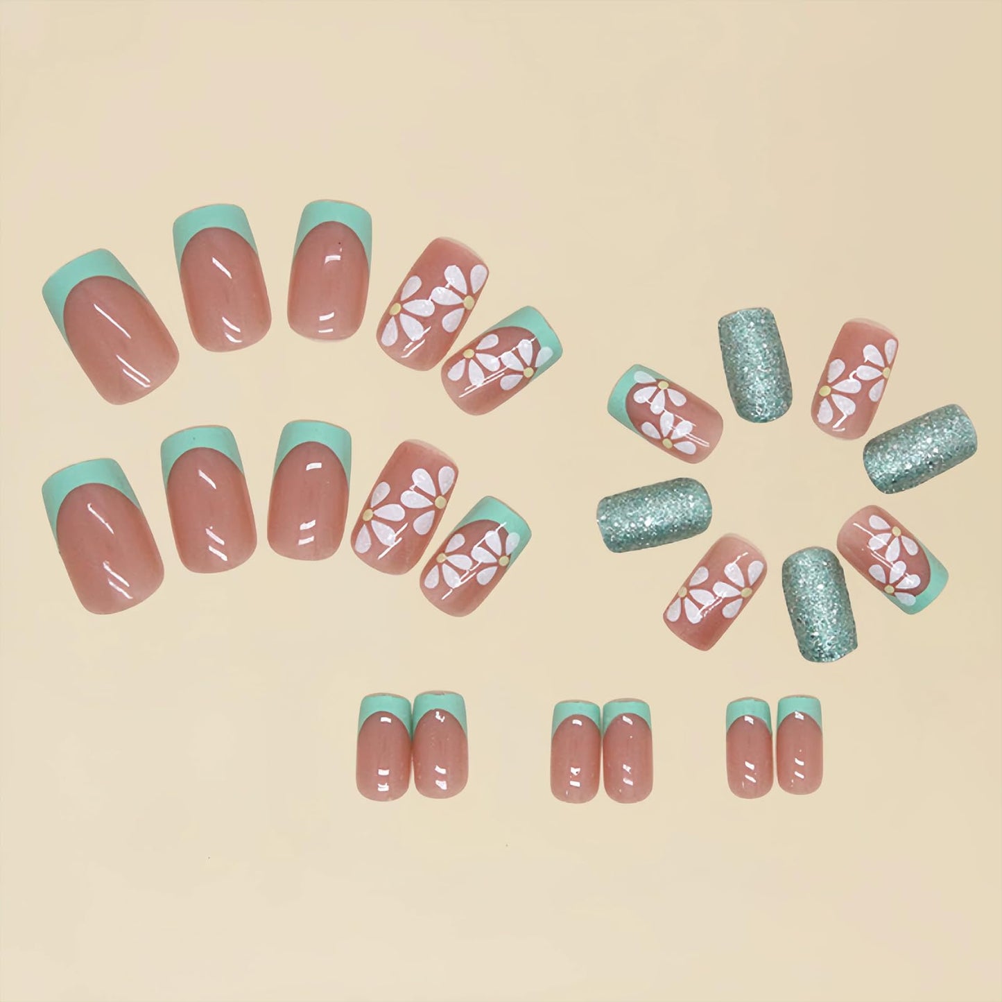 RUPOFUZA Green French Press on Nails Square Short Glitter Green Fake False Nails with Floral Full Cover Stick on Nail Acrylic Artificial Short Glue on Nail for Women 24Pcs
