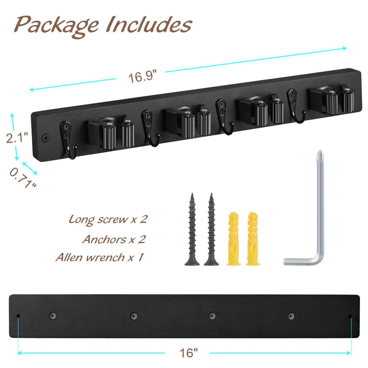 Black Mop Broom Holder Wall Mount with 4 Slots & 4 Hooks
